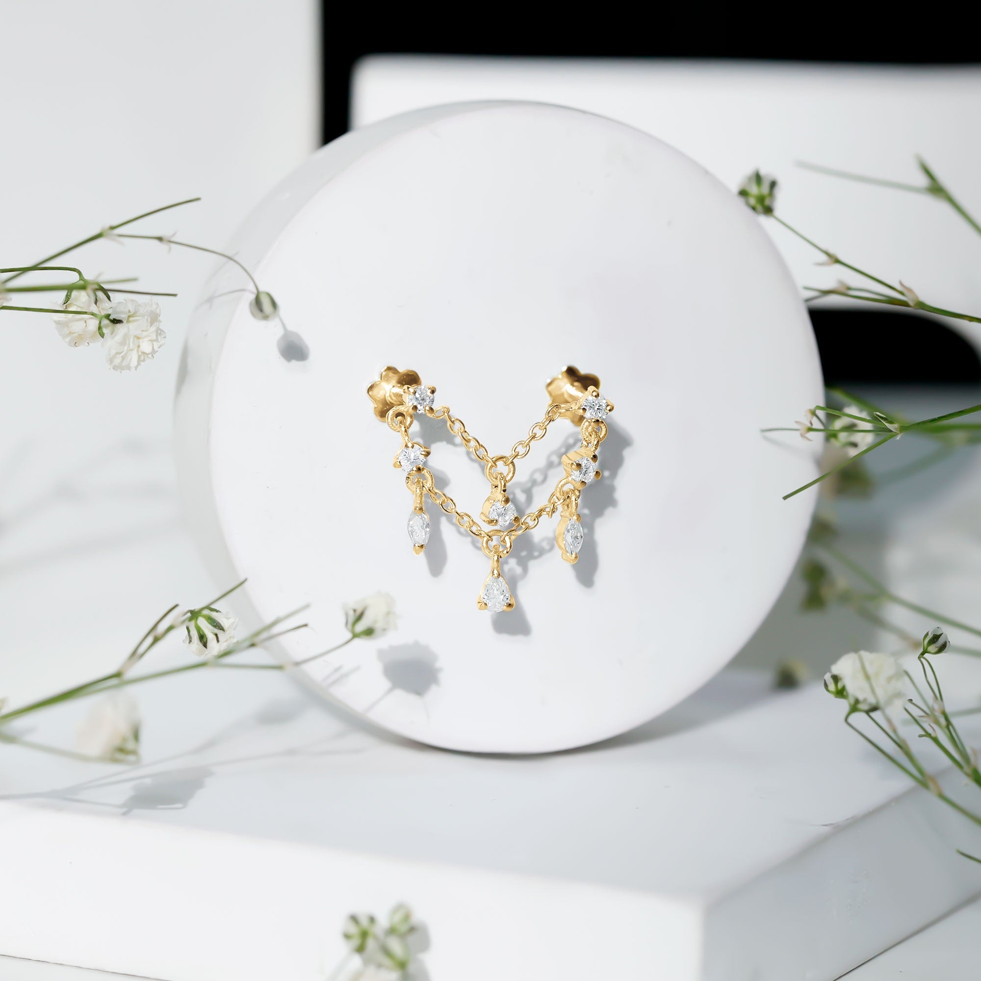 Certified Moissanite Double Chain Helix Earring in Gold