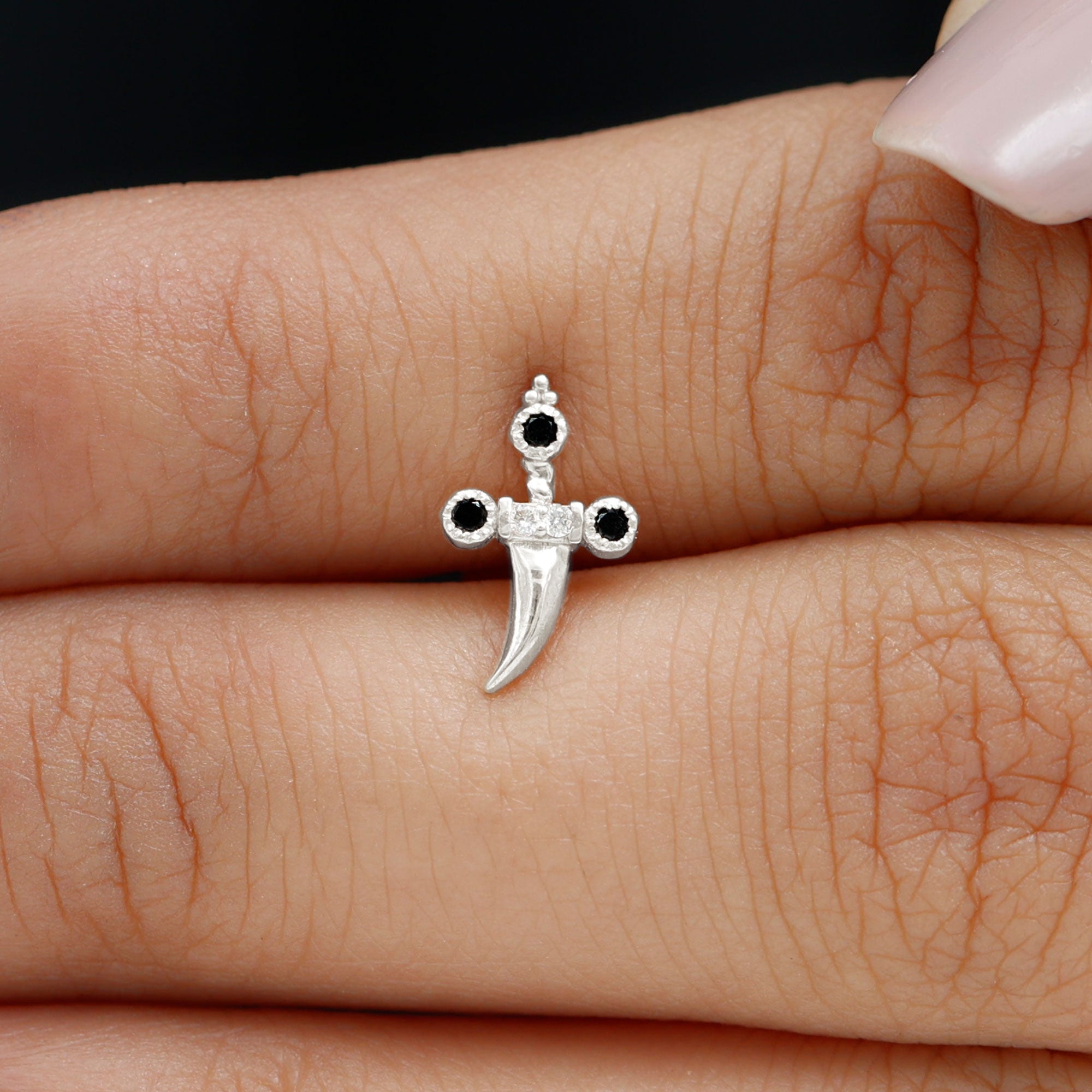 Real Black and White Diamond Dagger Helix Earring