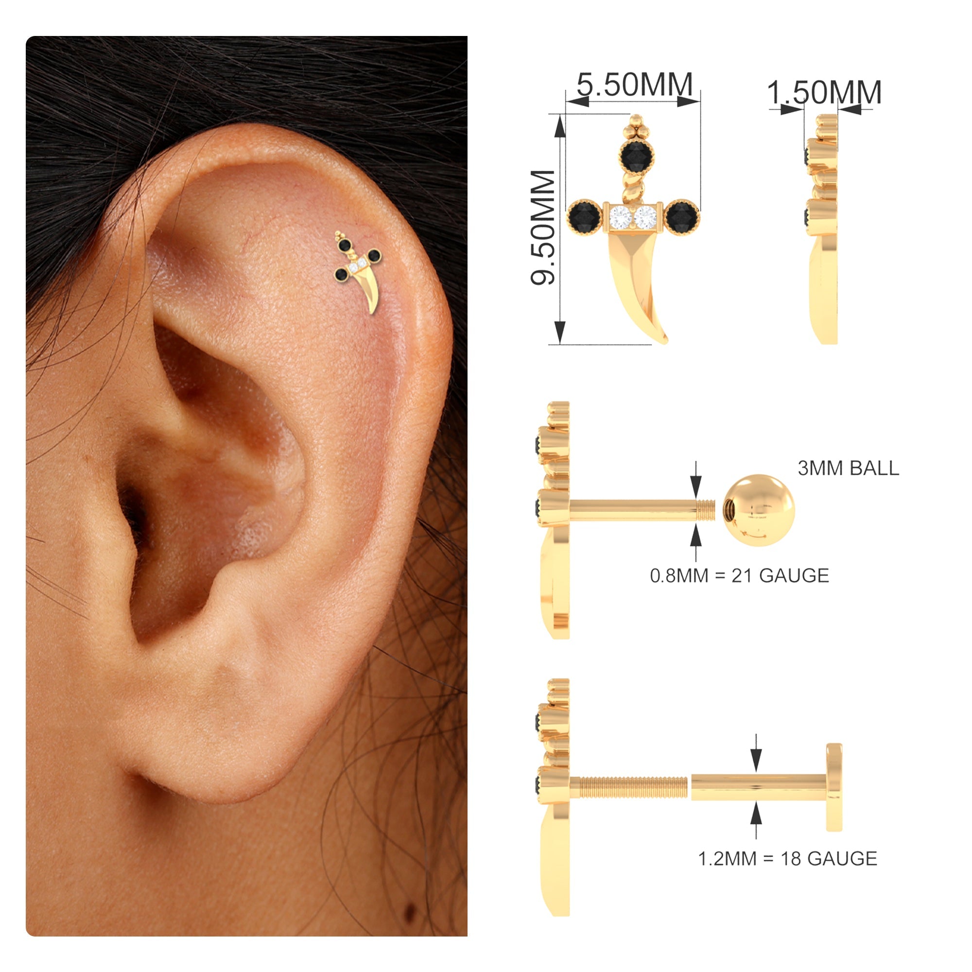 Real Black and White Diamond Dagger Helix Earring