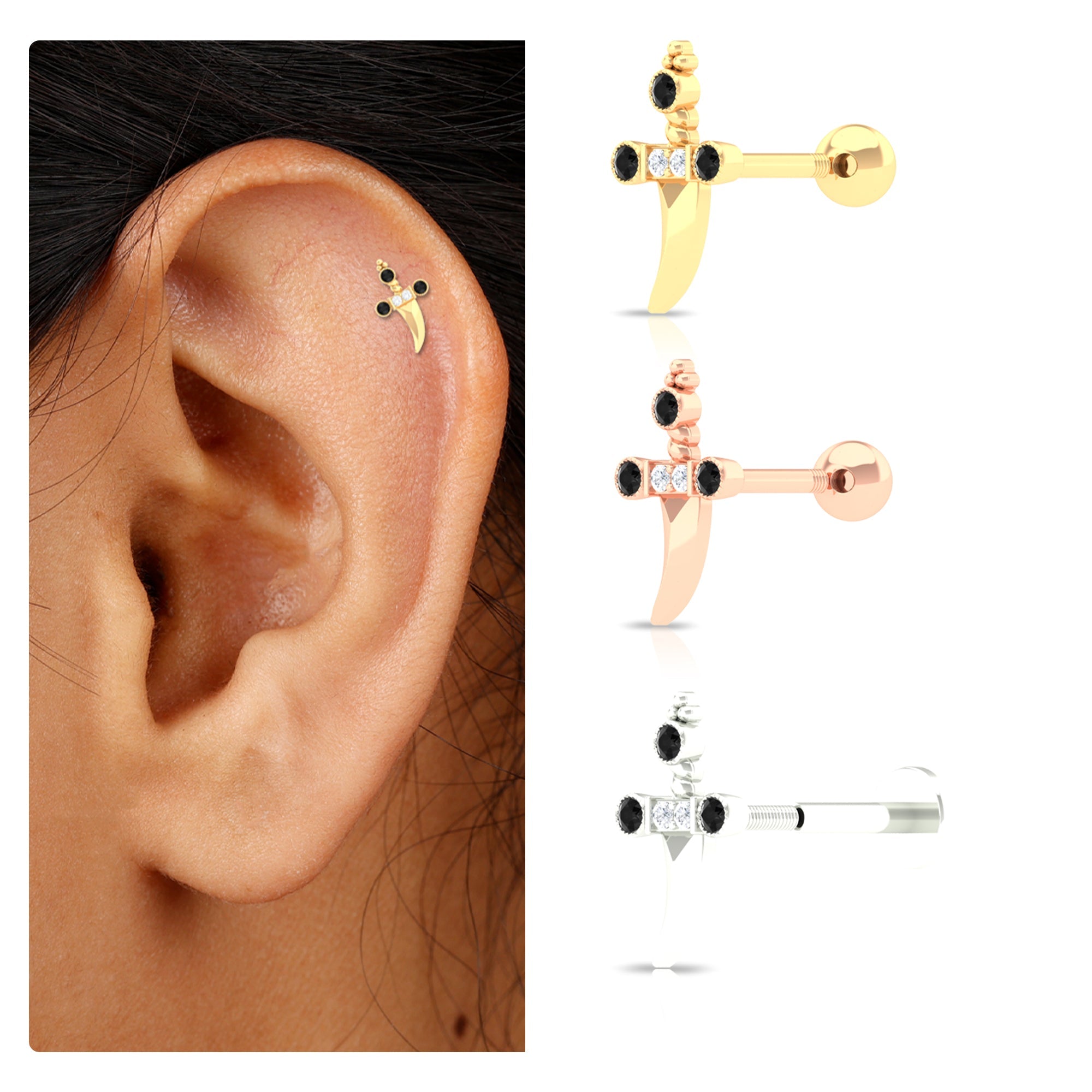 Real Black and White Diamond Dagger Helix Earring