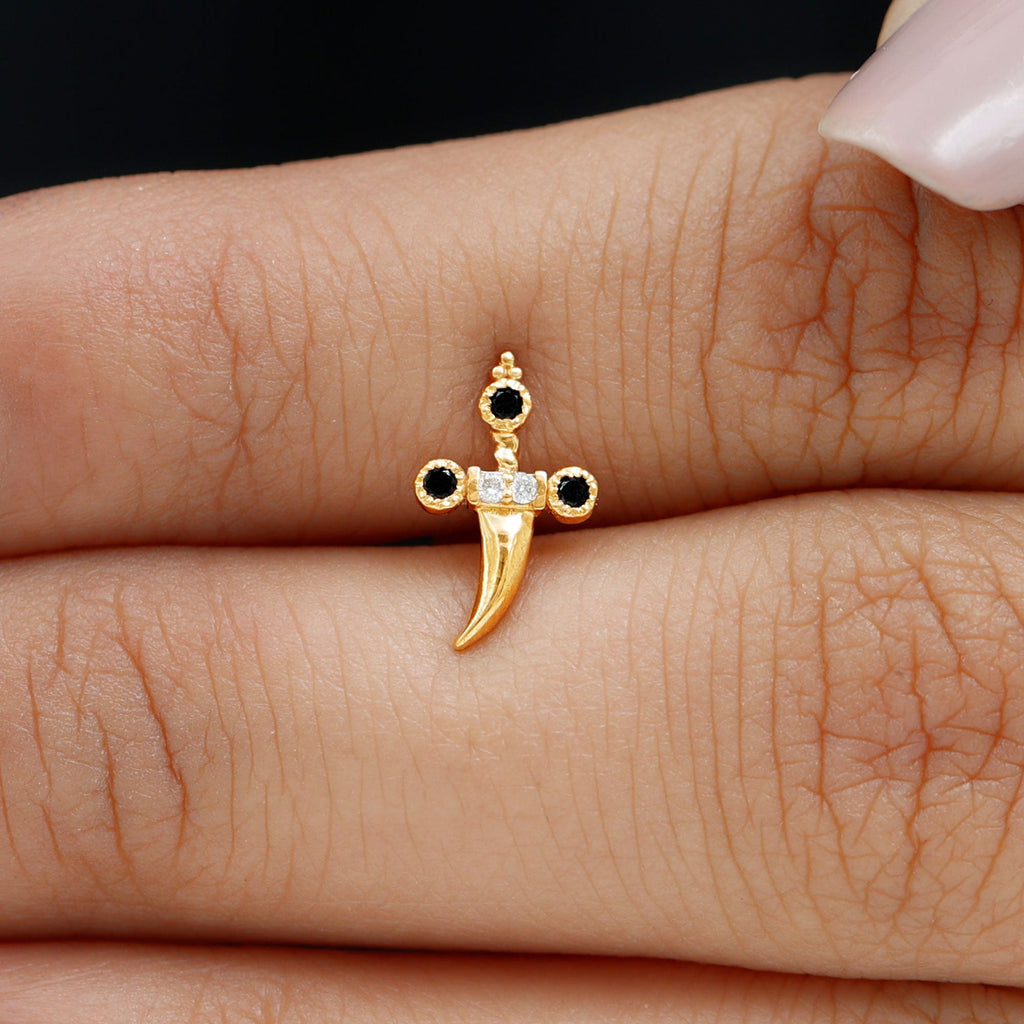 Real Black and White Diamond Dagger Helix Earring