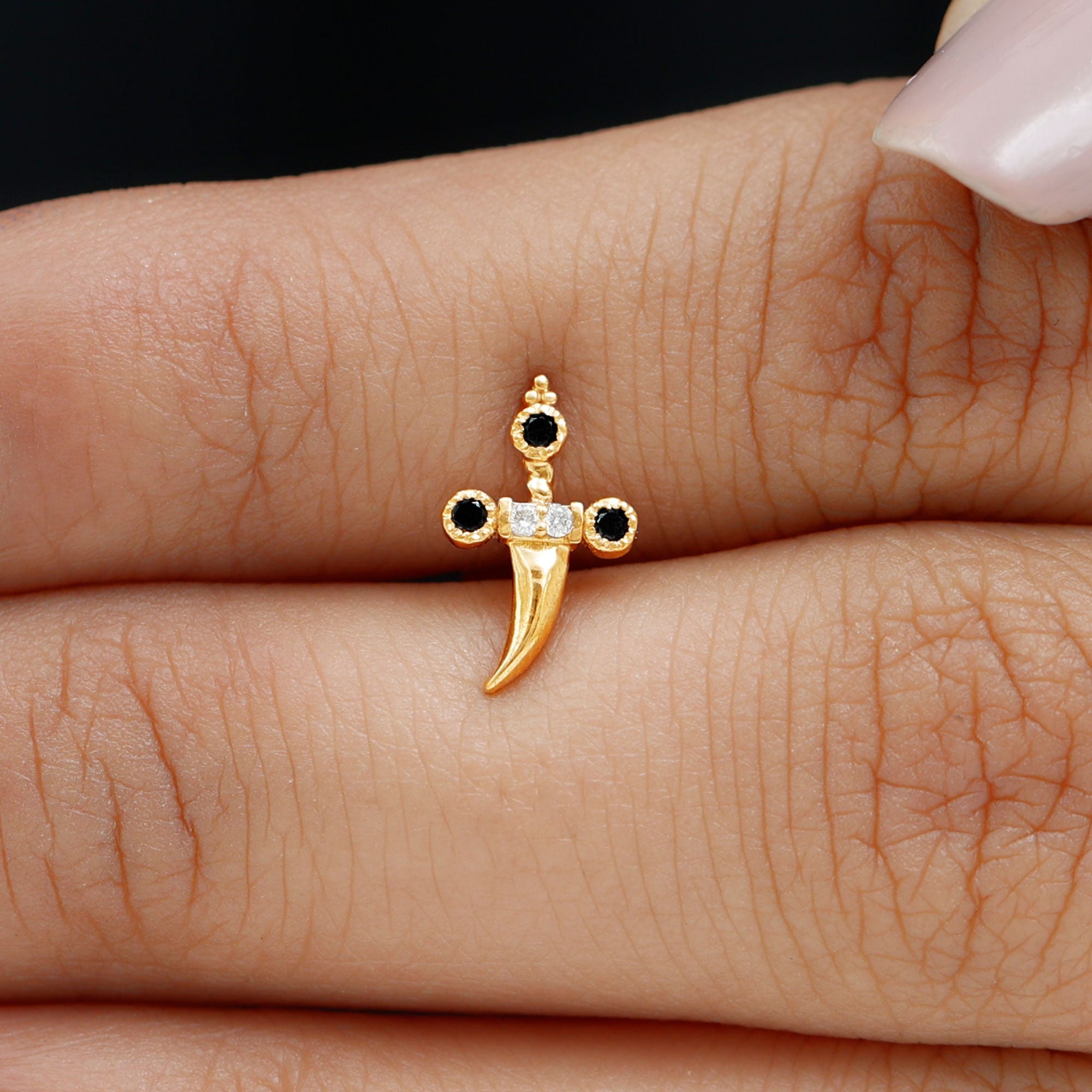 Real Black and White Diamond Dagger Helix Earring