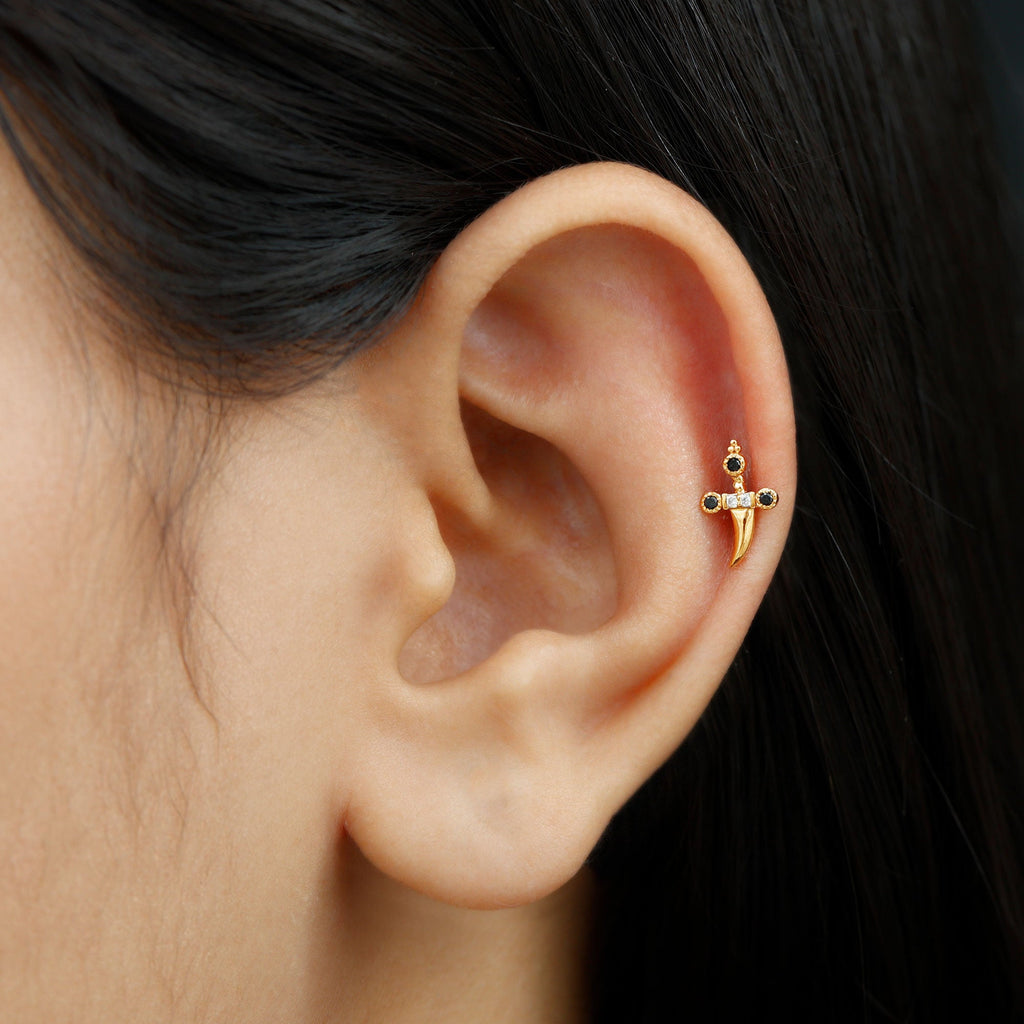 Real Black and White Diamond Dagger Helix Earring
