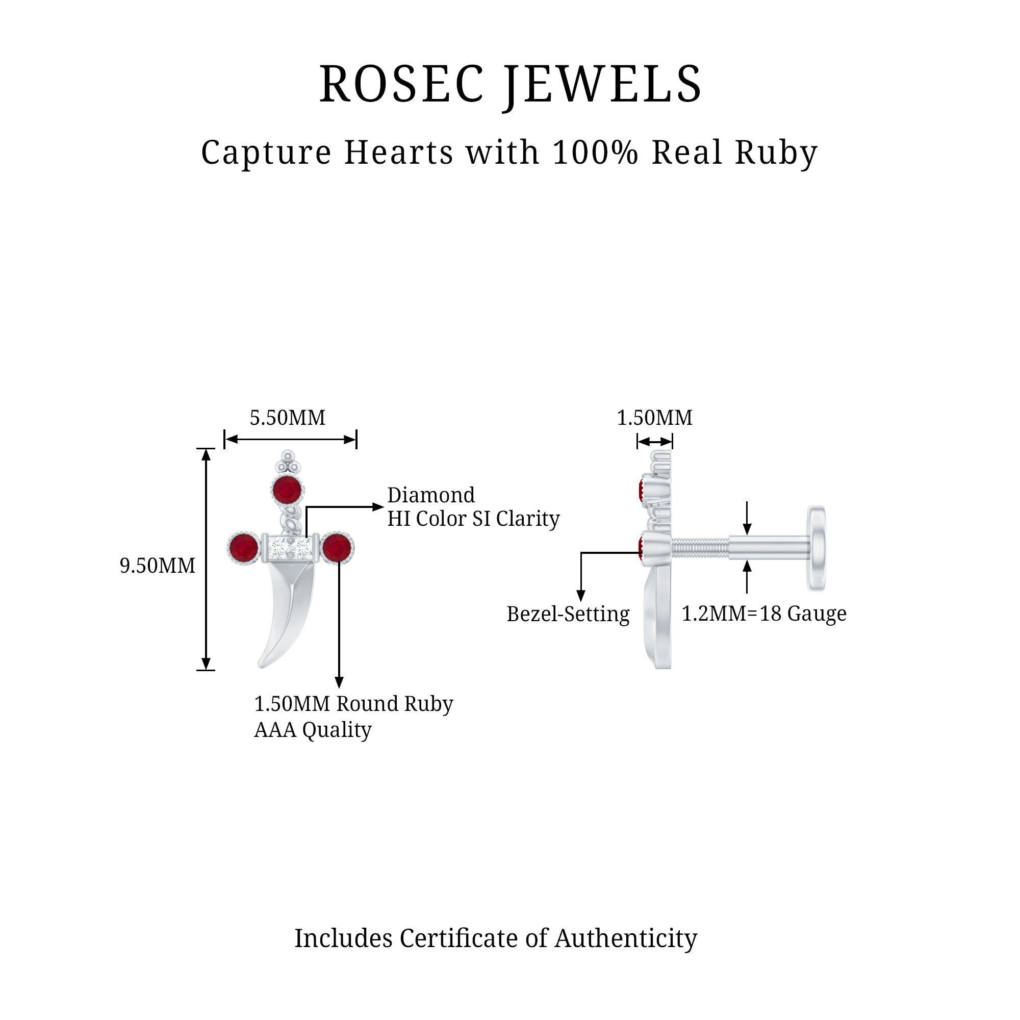 Real Ruby and Diamond Dagger Helix Earring in Gold