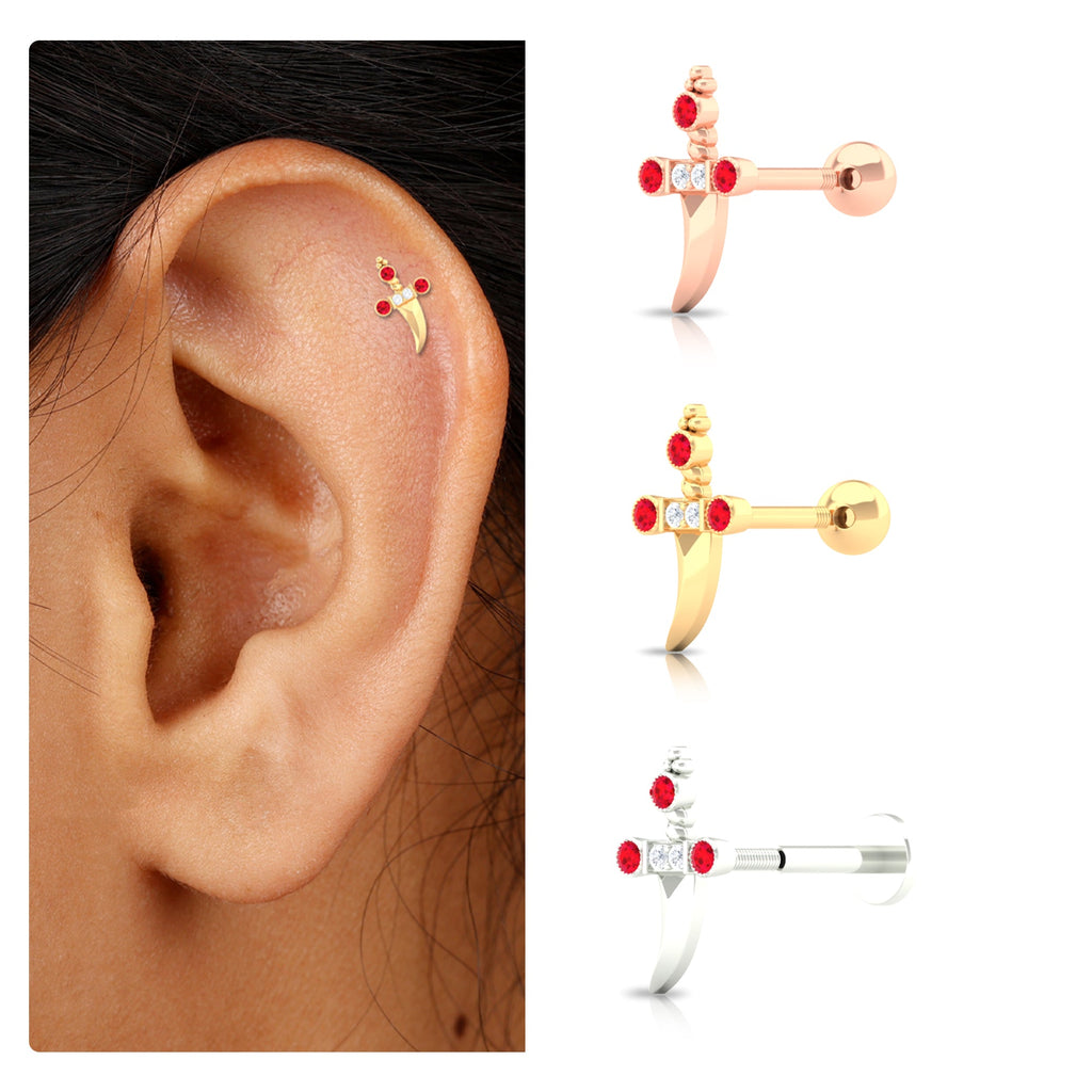 Real Ruby and Diamond Dagger Helix Earring in Gold