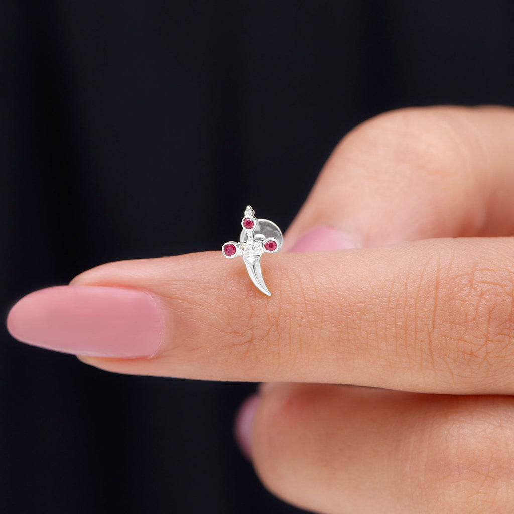 Real Ruby and Diamond Dagger Helix Earring in Gold