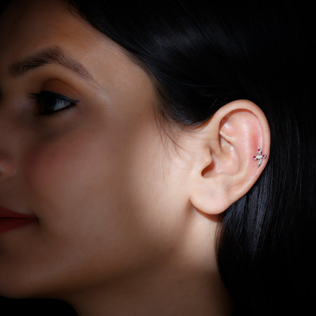 Real Ruby and Diamond Dagger Helix Earring in Gold