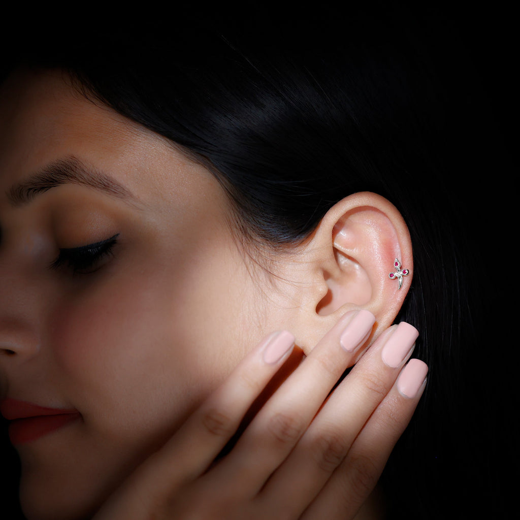 Real Ruby and Diamond Dagger Helix Earring in Gold