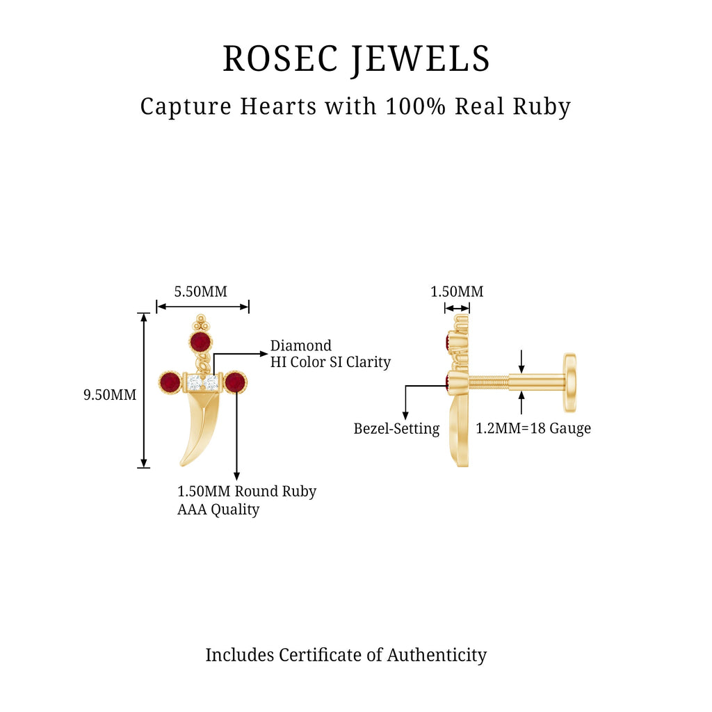 Real Ruby and Diamond Dagger Helix Earring in Gold