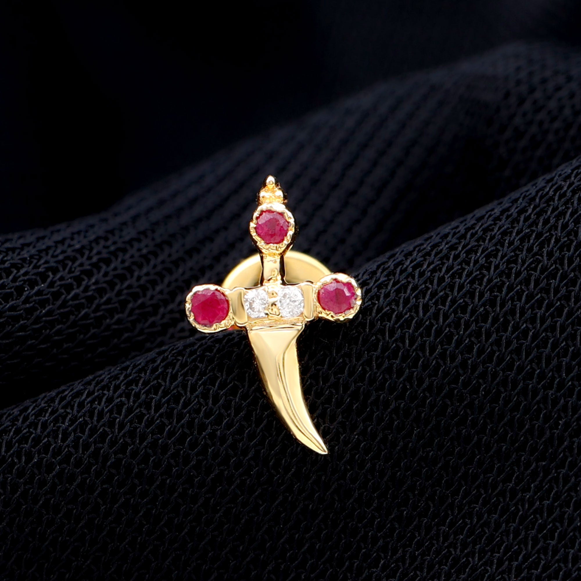 Real Ruby and Diamond Dagger Helix Earring in Gold