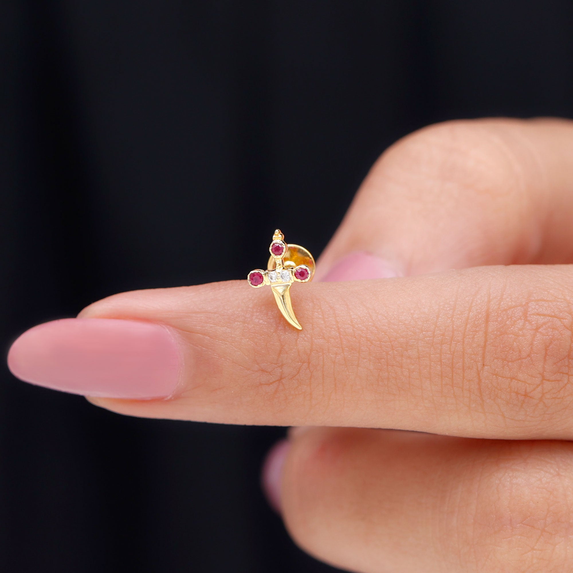 Real Ruby and Diamond Dagger Helix Earring in Gold