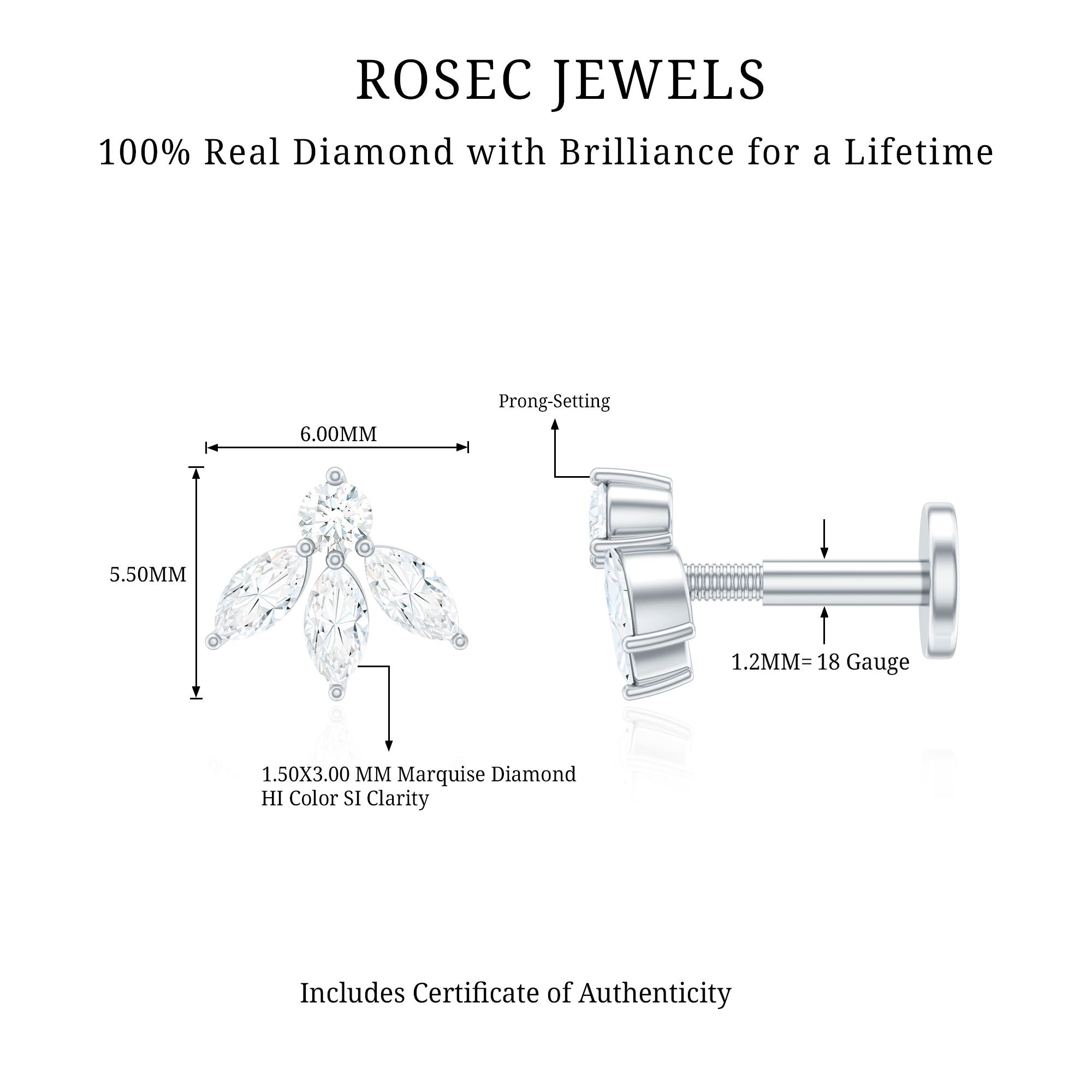 Marquise Shape Diamond Leaf Earring for Helix Piercing