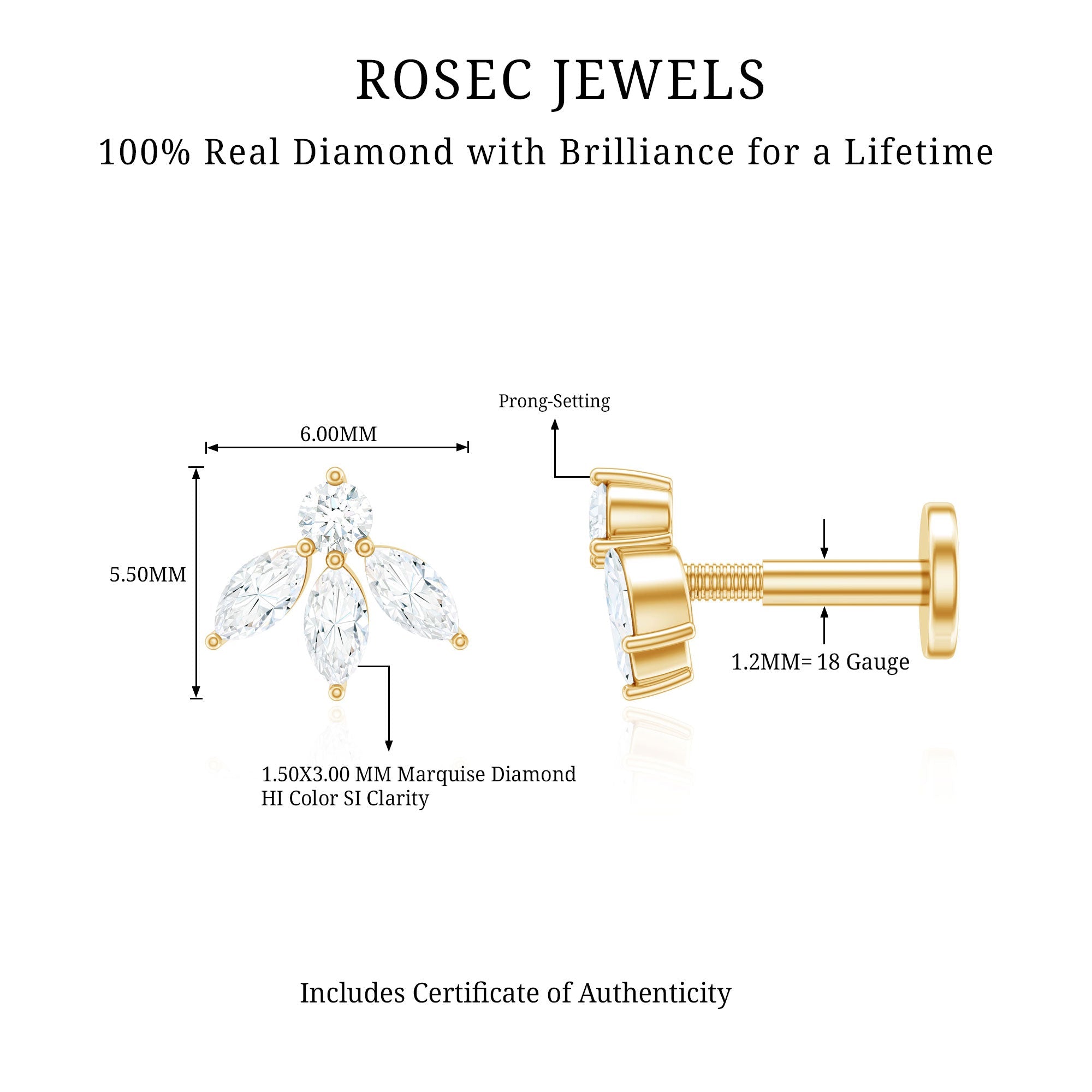 Marquise Shape Diamond Leaf Earring for Helix Piercing
