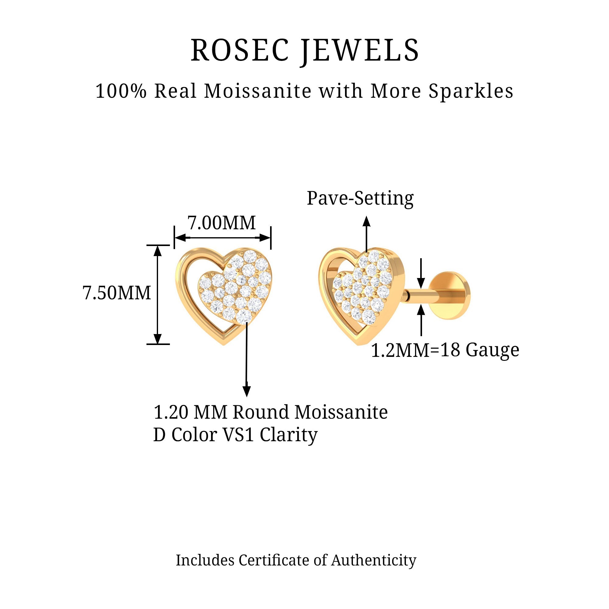 Moissanite Heart Stud Earring for Rook Piercing