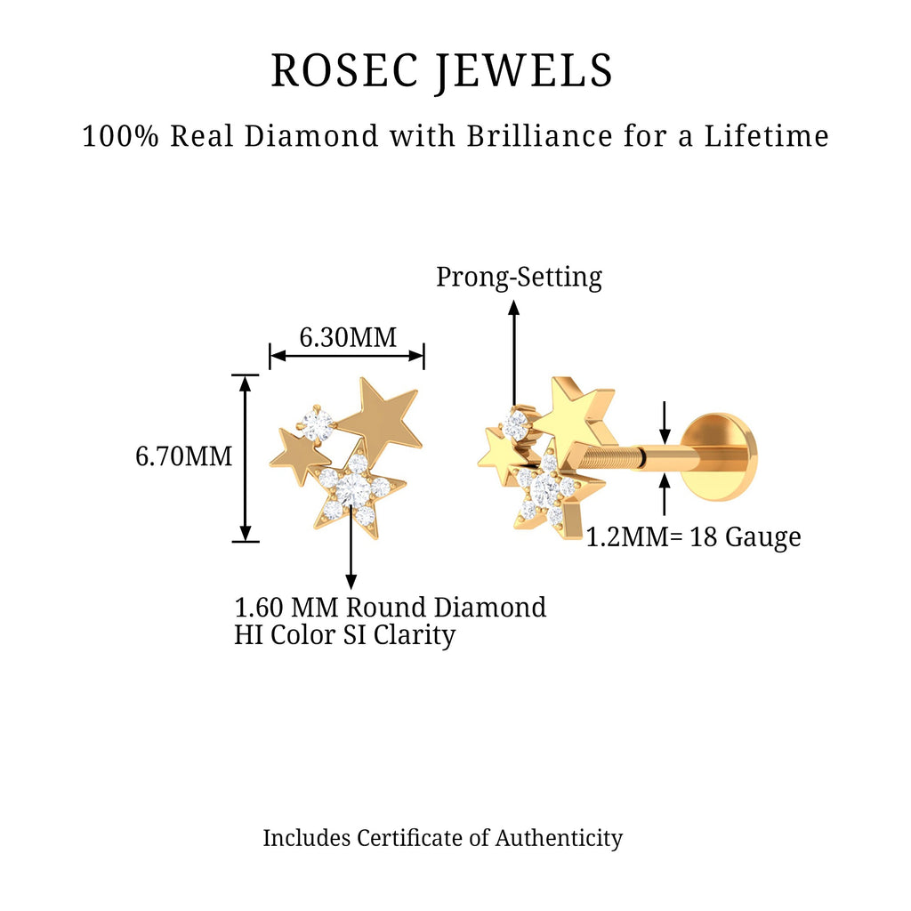 Round Cut Natural Diamond Gold Star Cartilage Earring