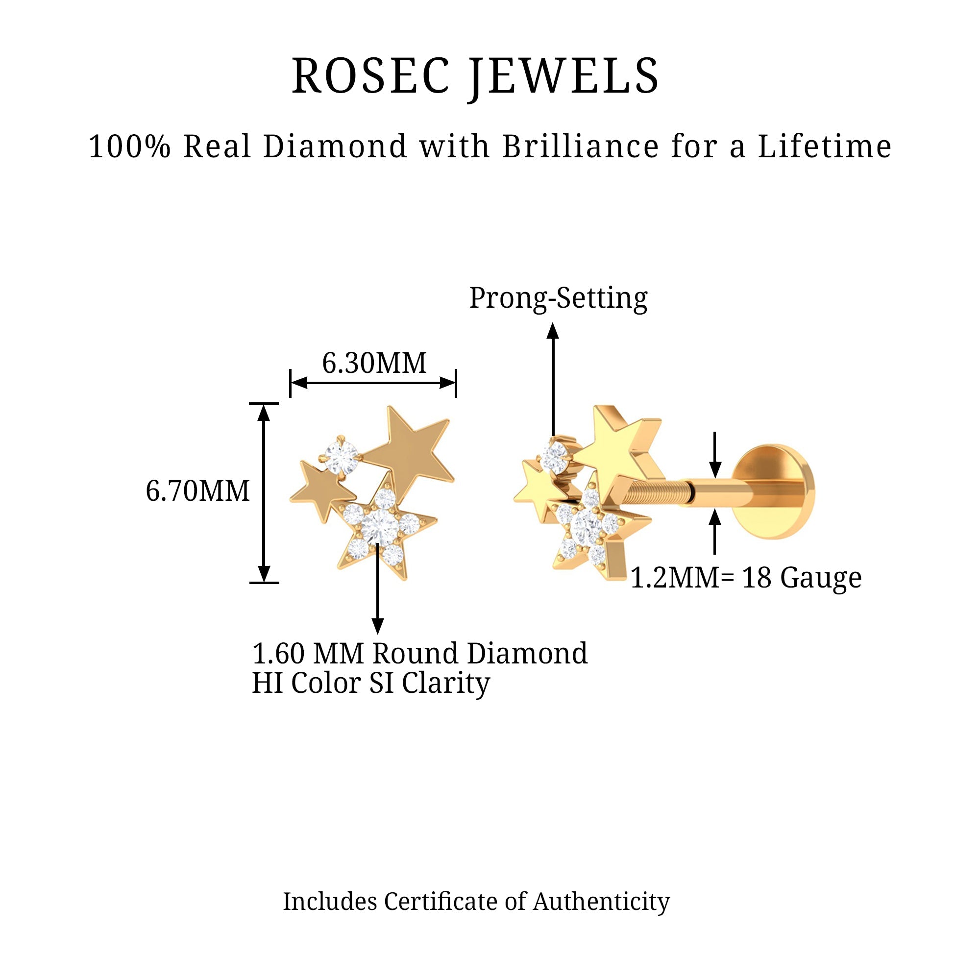 Round Cut Natural Diamond Gold Star Cartilage Earring