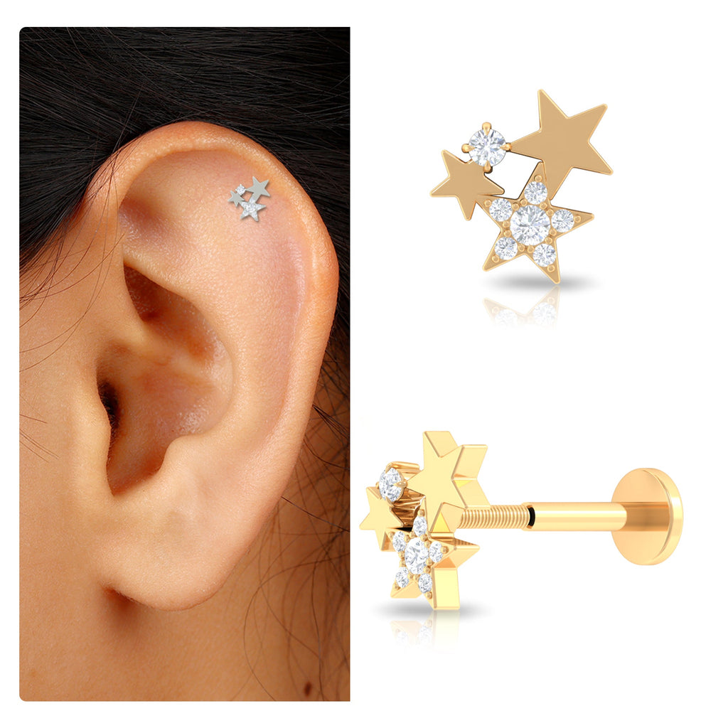 Round Cut Natural Diamond Gold Star Cartilage Earring