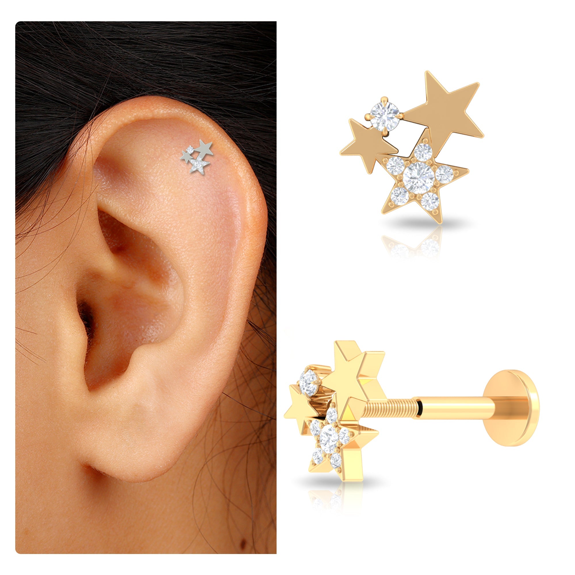 Round Cut Natural Diamond Gold Star Cartilage Earring