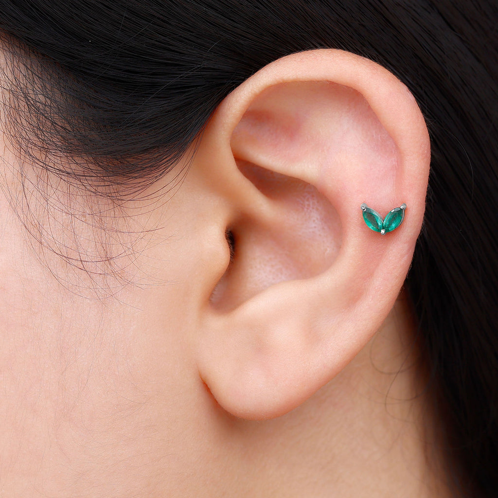 Marquise Created Emerald Leaf Earring for Helix Piercing