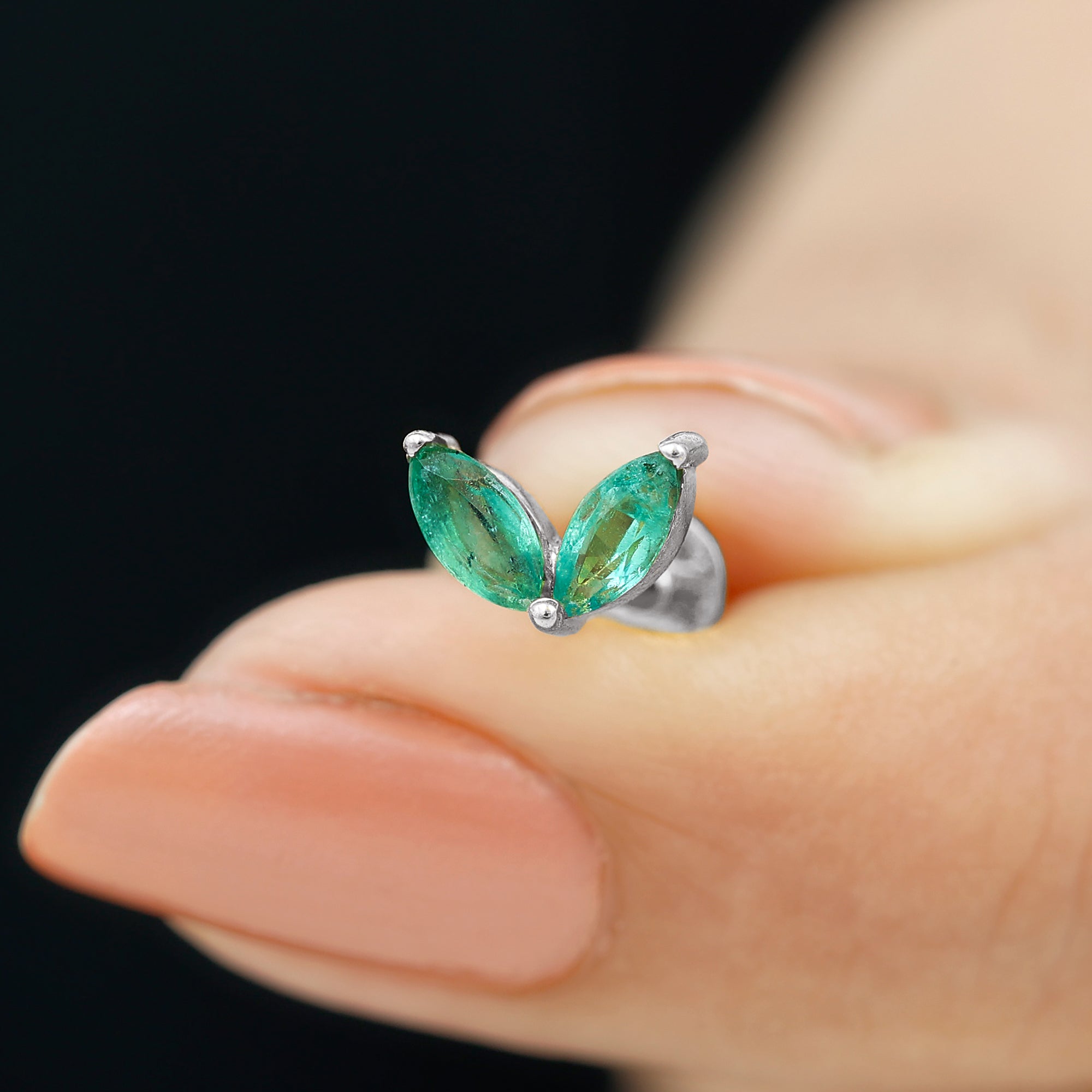 Marquise Created Emerald Leaf Earring for Helix Piercing
