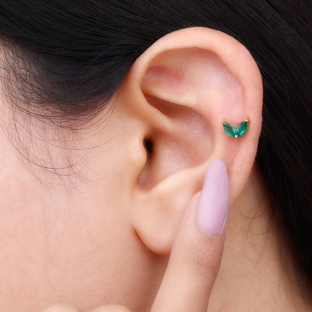 Marquise Created Emerald Leaf Earring for Helix Piercing