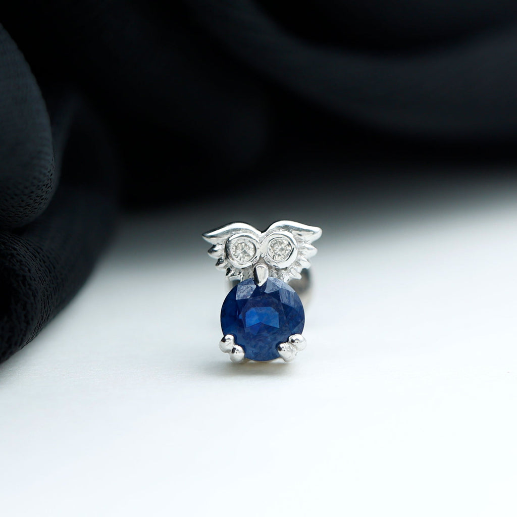 Blue Sapphire and Moissanite Owl Helix Earring