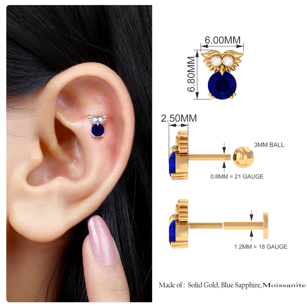 Blue Sapphire and Moissanite Owl Helix Earring
