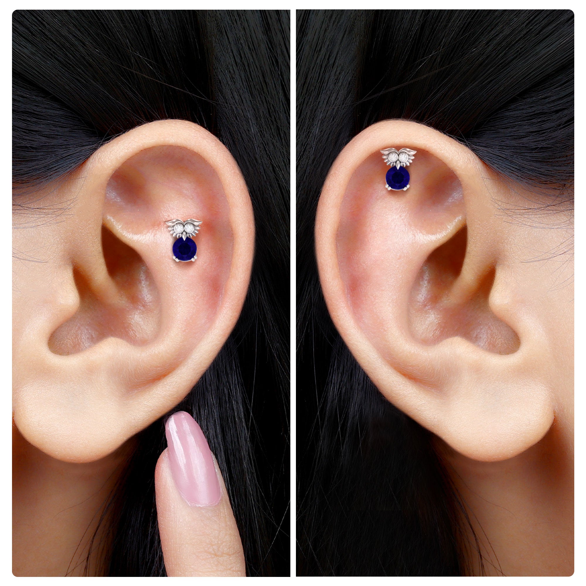 Blue Sapphire and Moissanite Owl Helix Earring