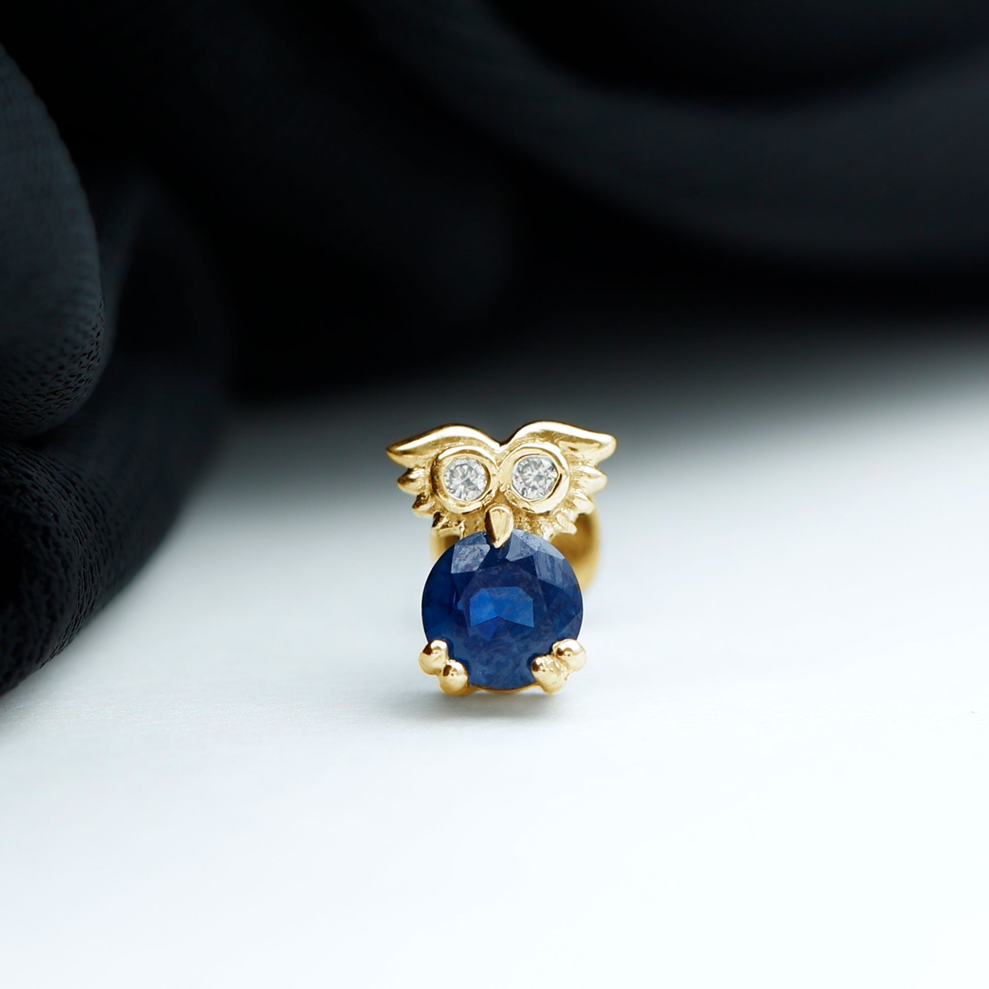 Blue Sapphire and Moissanite Owl Helix Earring