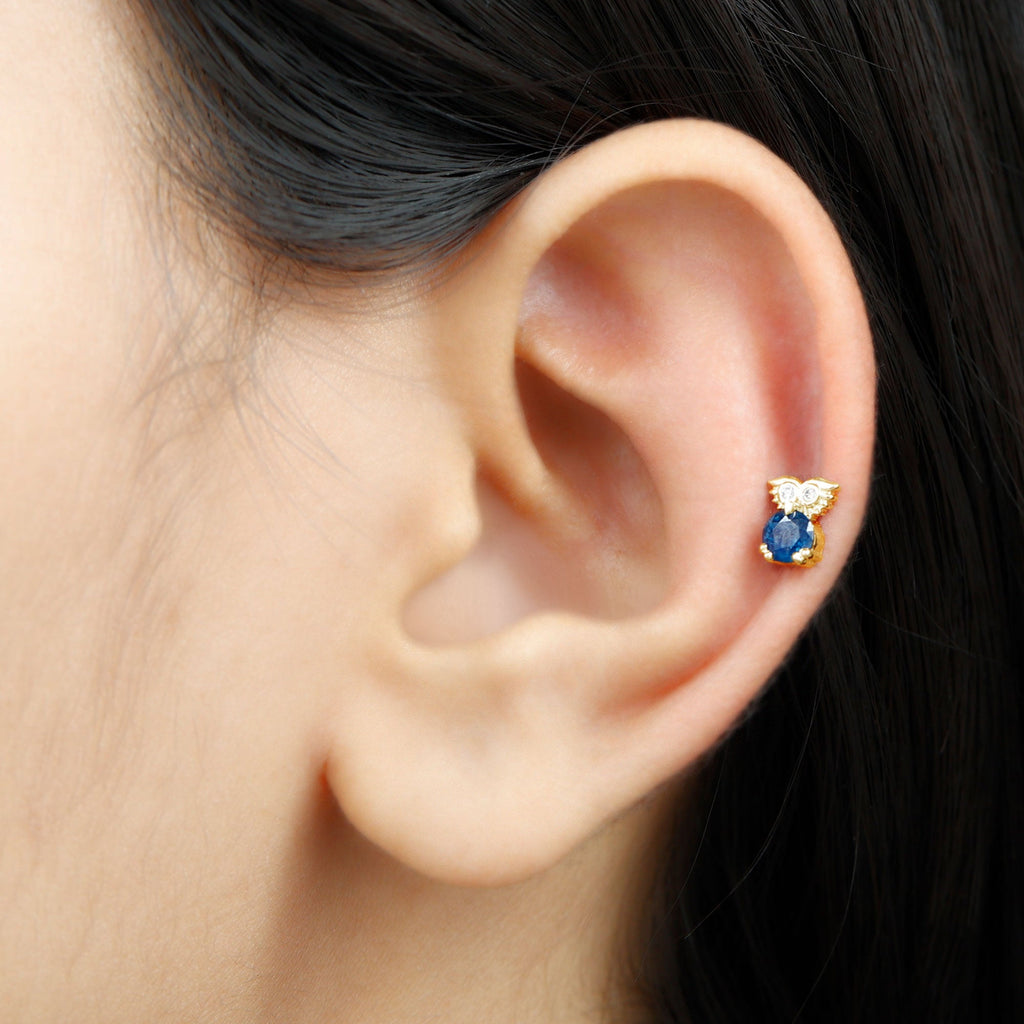 Blue Sapphire and Moissanite Owl Helix Earring