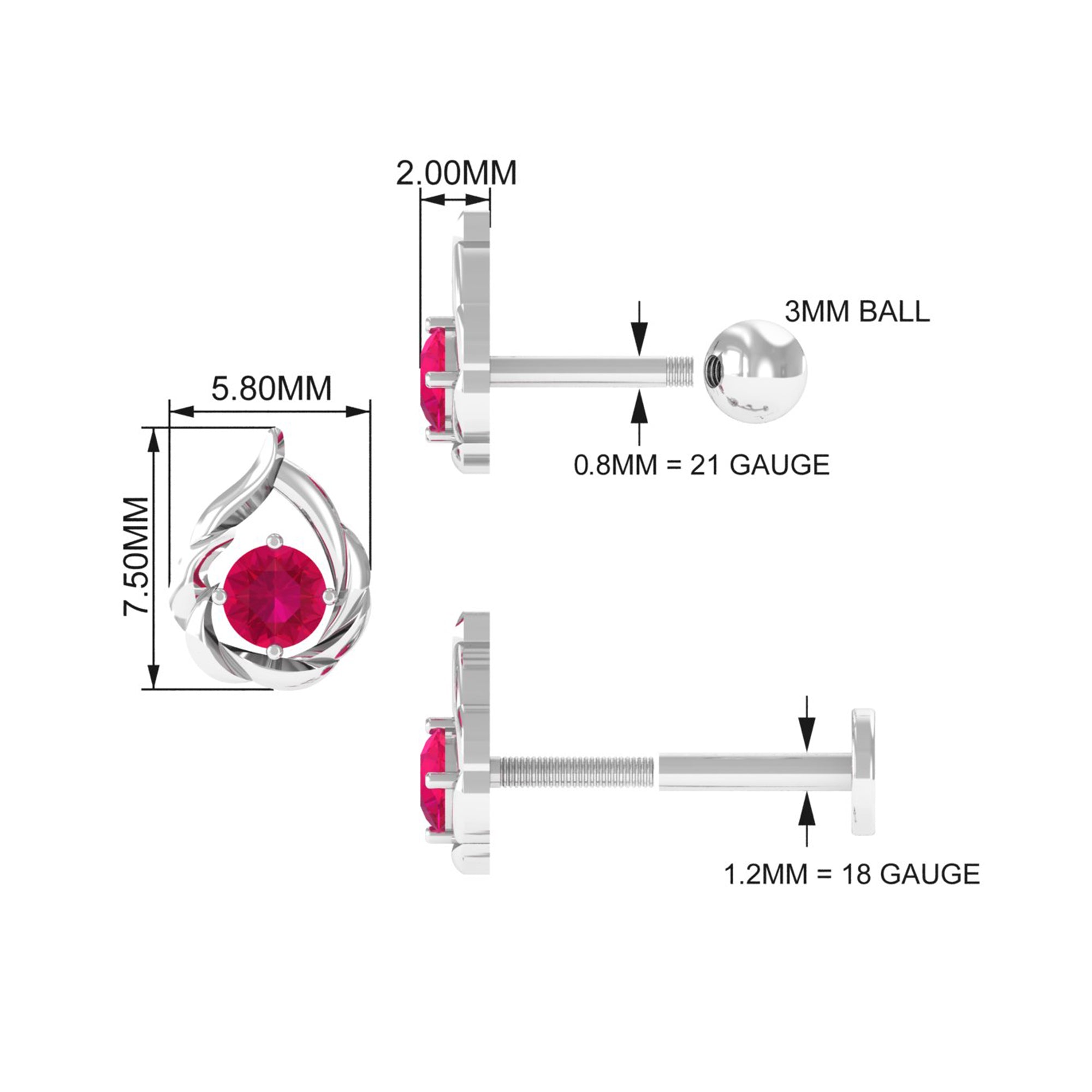 Natural Ruby Simple Tragus Earring