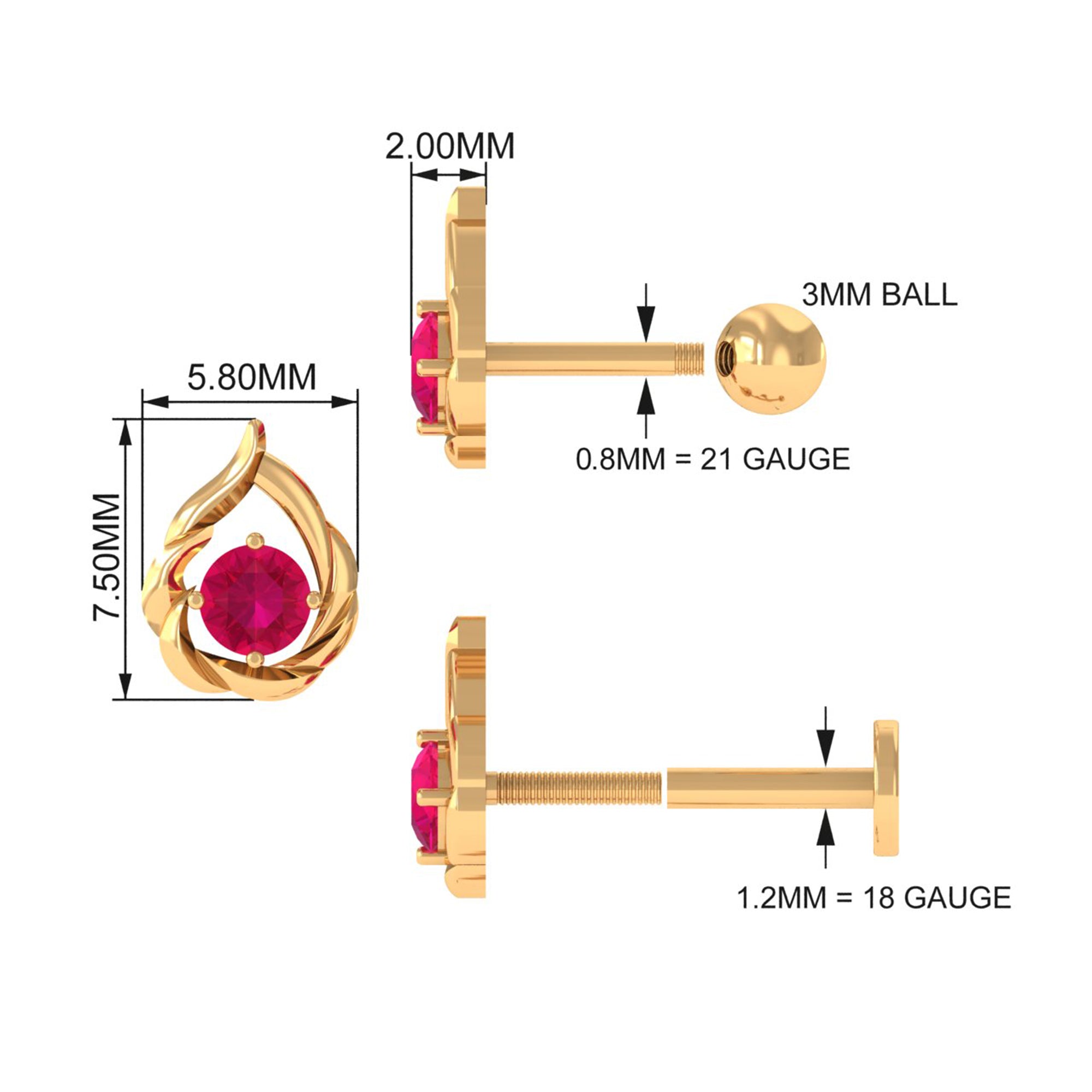 Natural Ruby Simple Tragus Earring