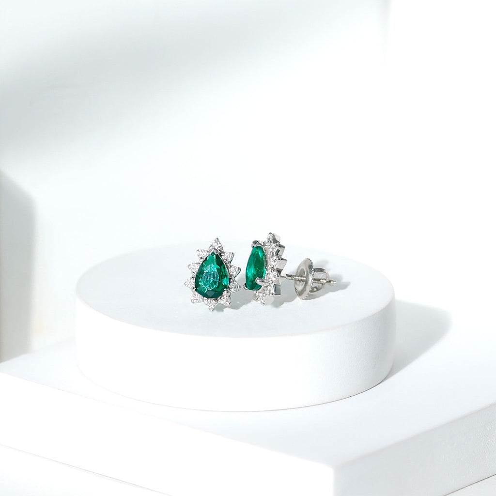 Floral Inspired Lab Emerald Stud Earrings with Moissanite