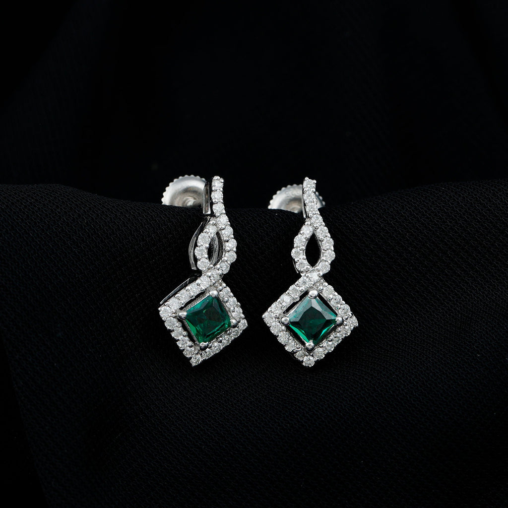 Silver Lab Created Emerald Drop Earrings with Moissanite