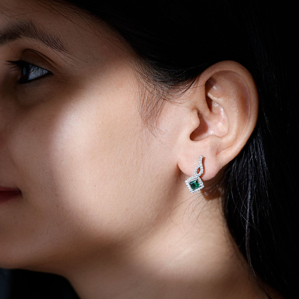 Silver Lab Created Emerald Drop Earrings with Moissanite