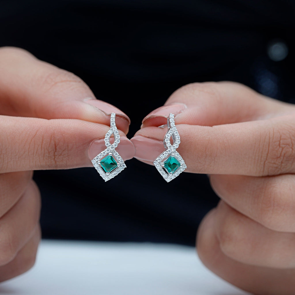 Silver Lab Created Emerald Drop Earrings with Moissanite