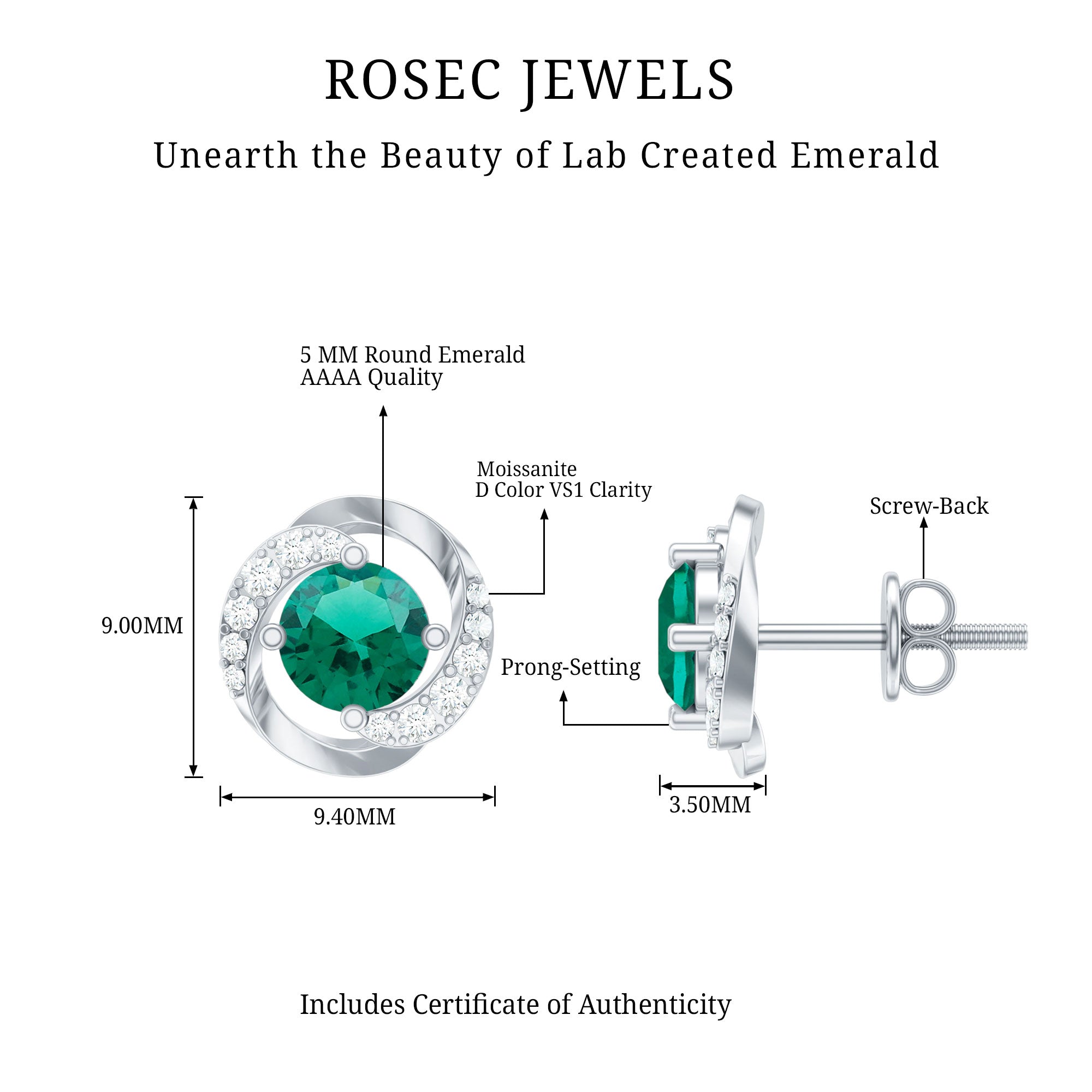 Certified 5 MM Lab Emerald Swirl Stud Earrings with Moissanite