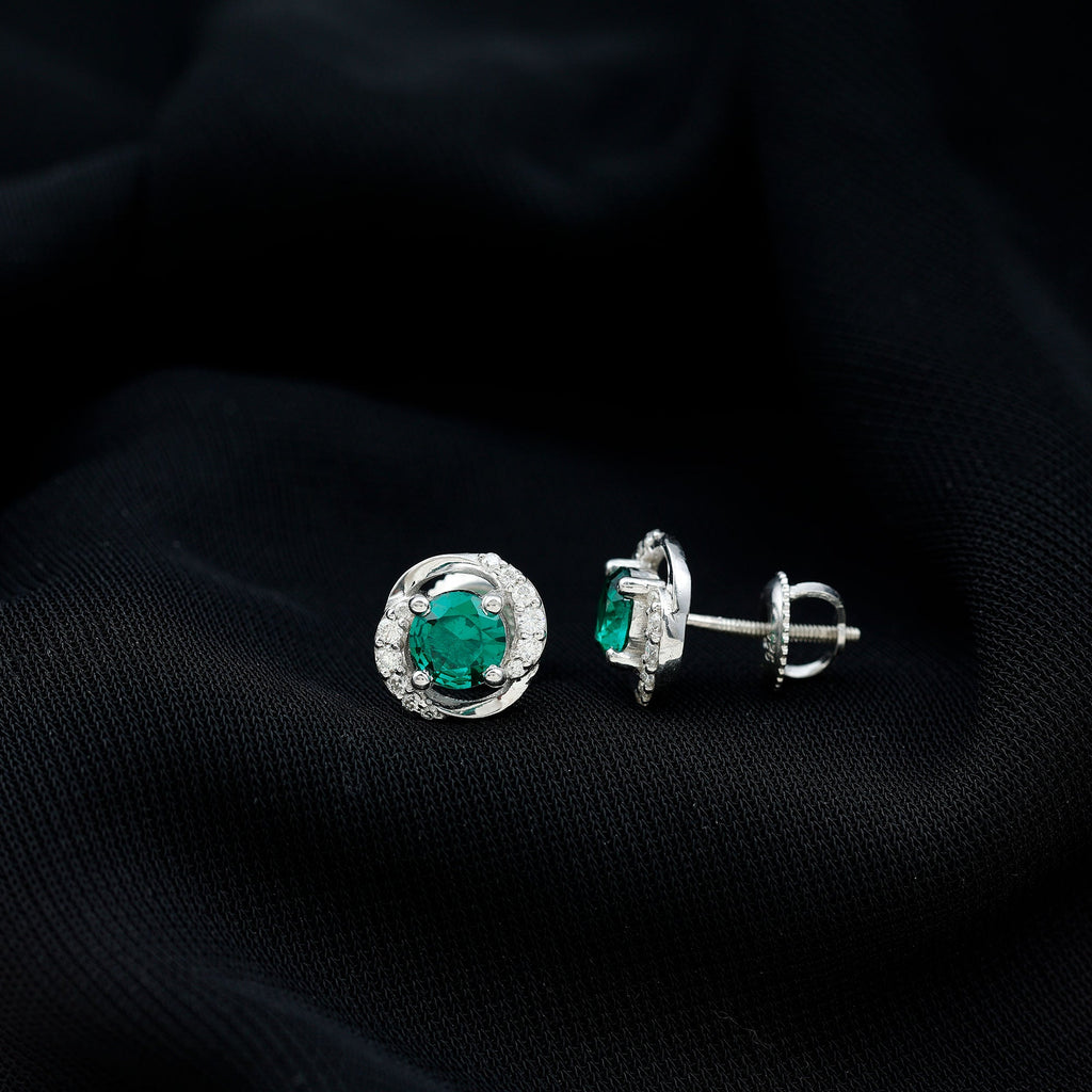 Certified 5 MM Lab Emerald Swirl Stud Earrings with Moissanite