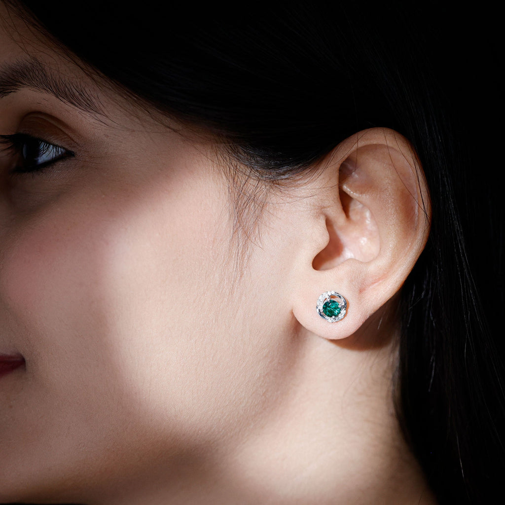 Certified 5 MM Lab Emerald Swirl Stud Earrings with Moissanite