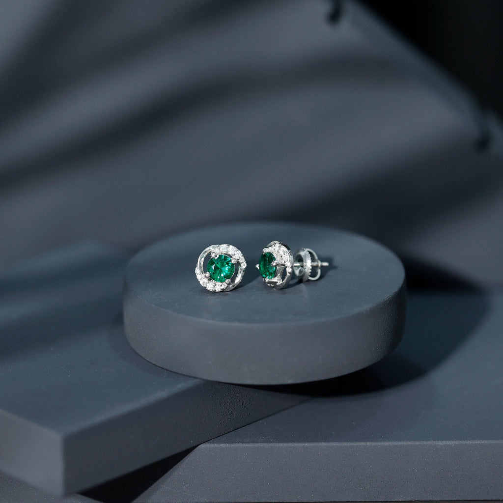 Certified 5 MM Lab Emerald Swirl Stud Earrings with Moissanite