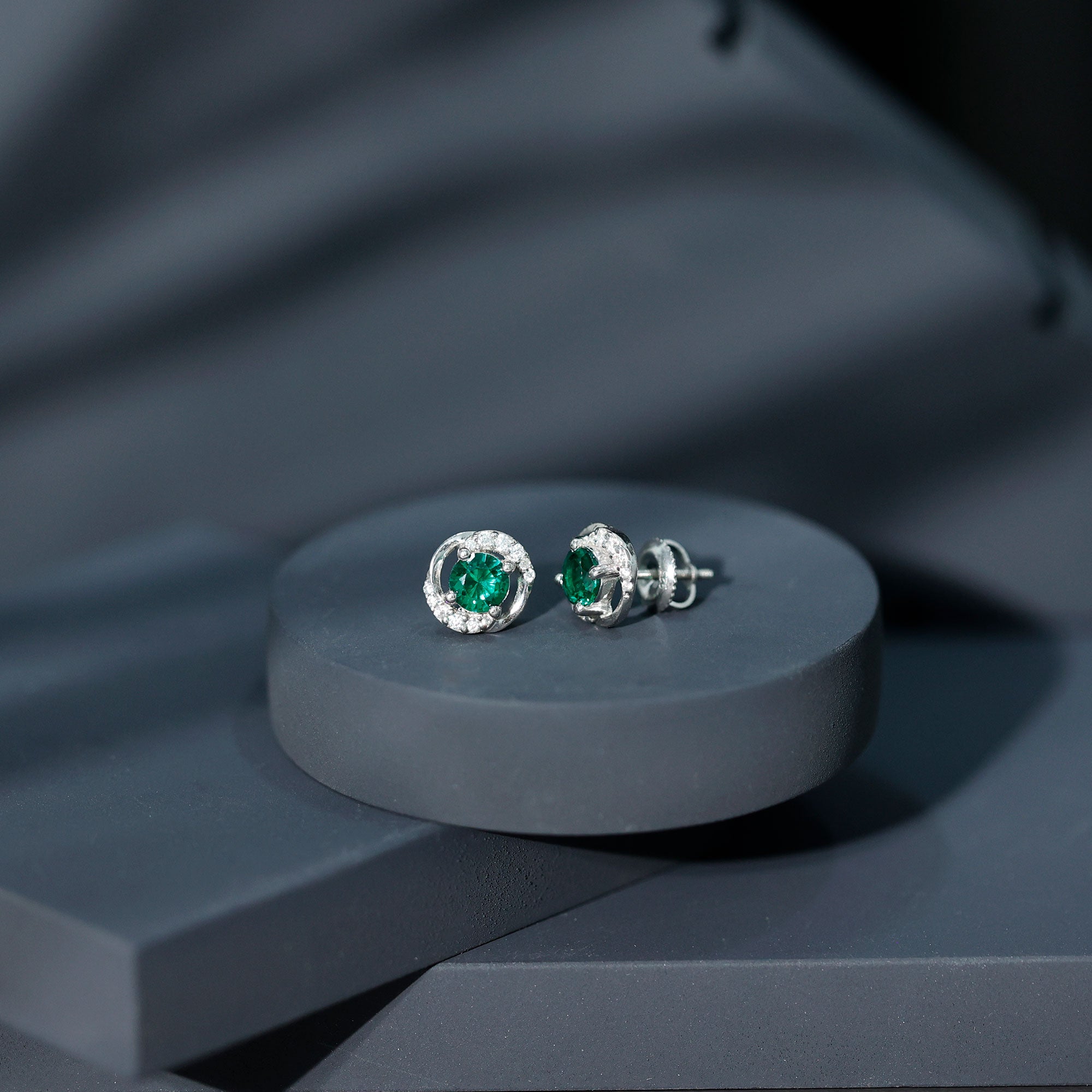 Certified 5 MM Lab Emerald Swirl Stud Earrings with Moissanite
