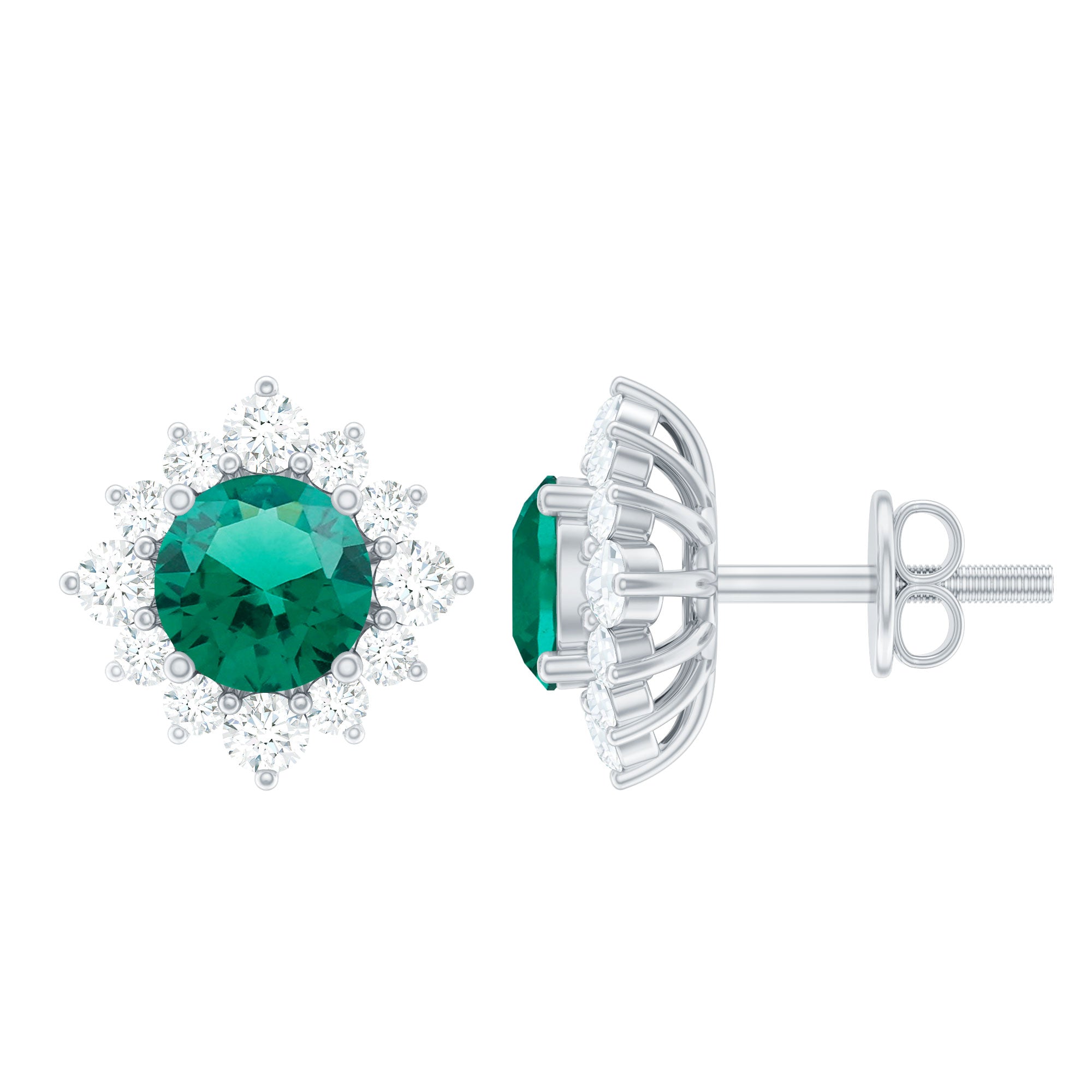 Lab Created Emerald and Moissanite Halo Stud Earrings with Screw Backs