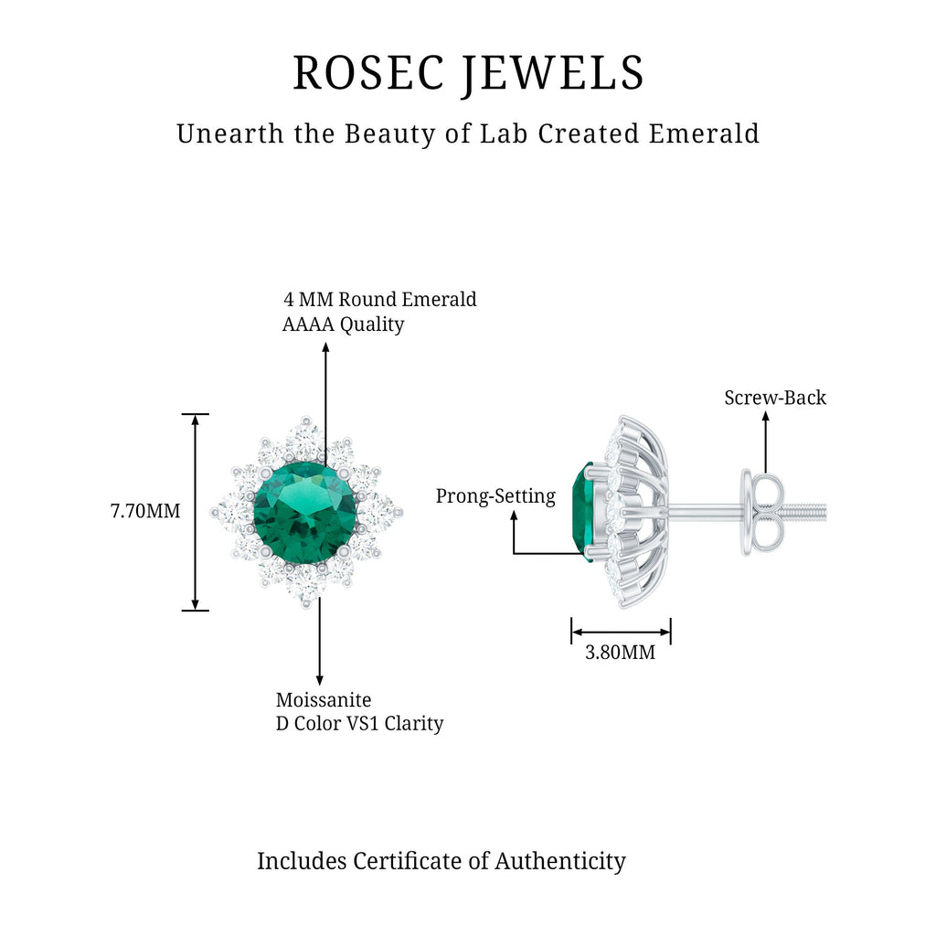 Lab Created Emerald and Moissanite Halo Stud Earrings with Screw Backs