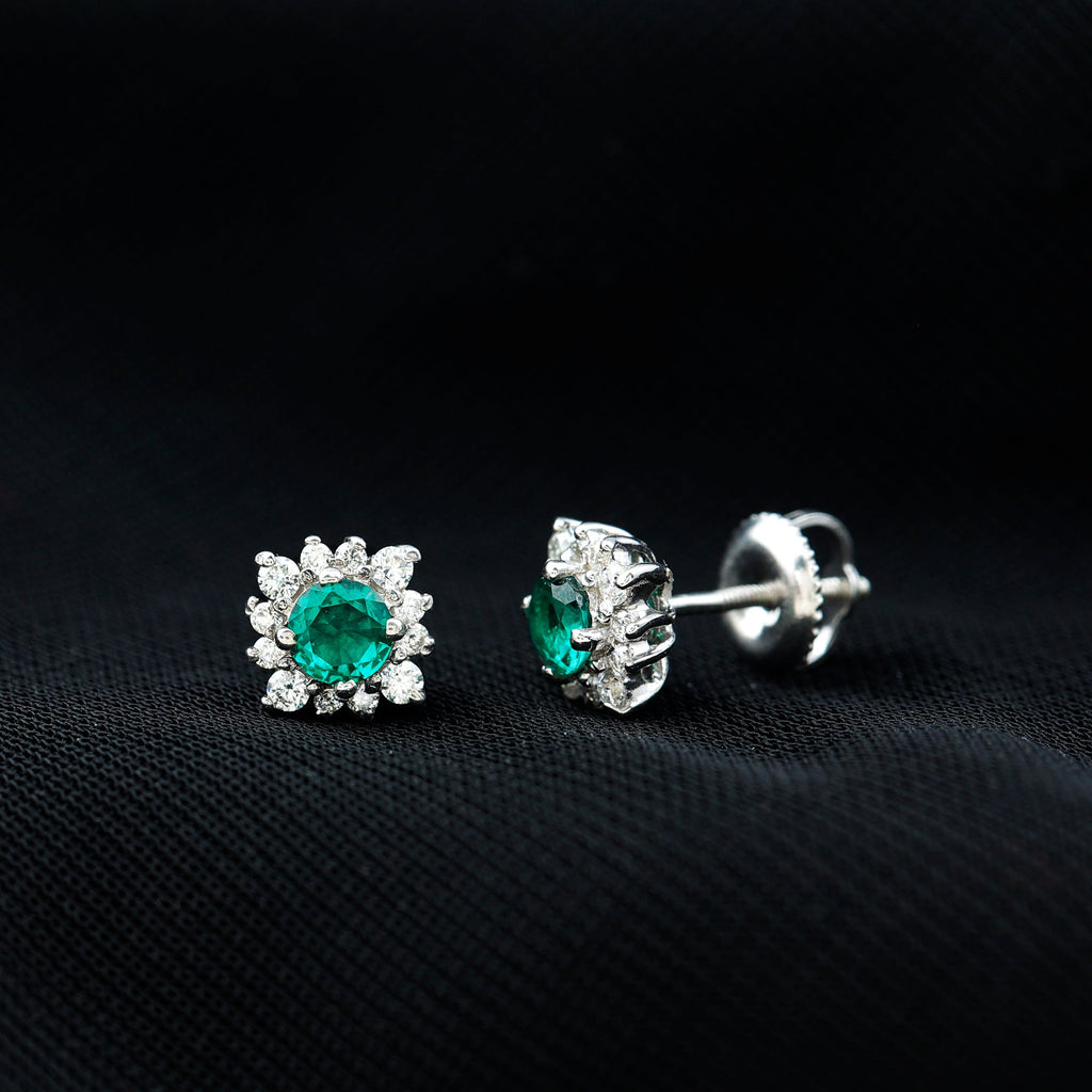 Lab Created Emerald and Moissanite Halo Stud Earrings with Screw Backs