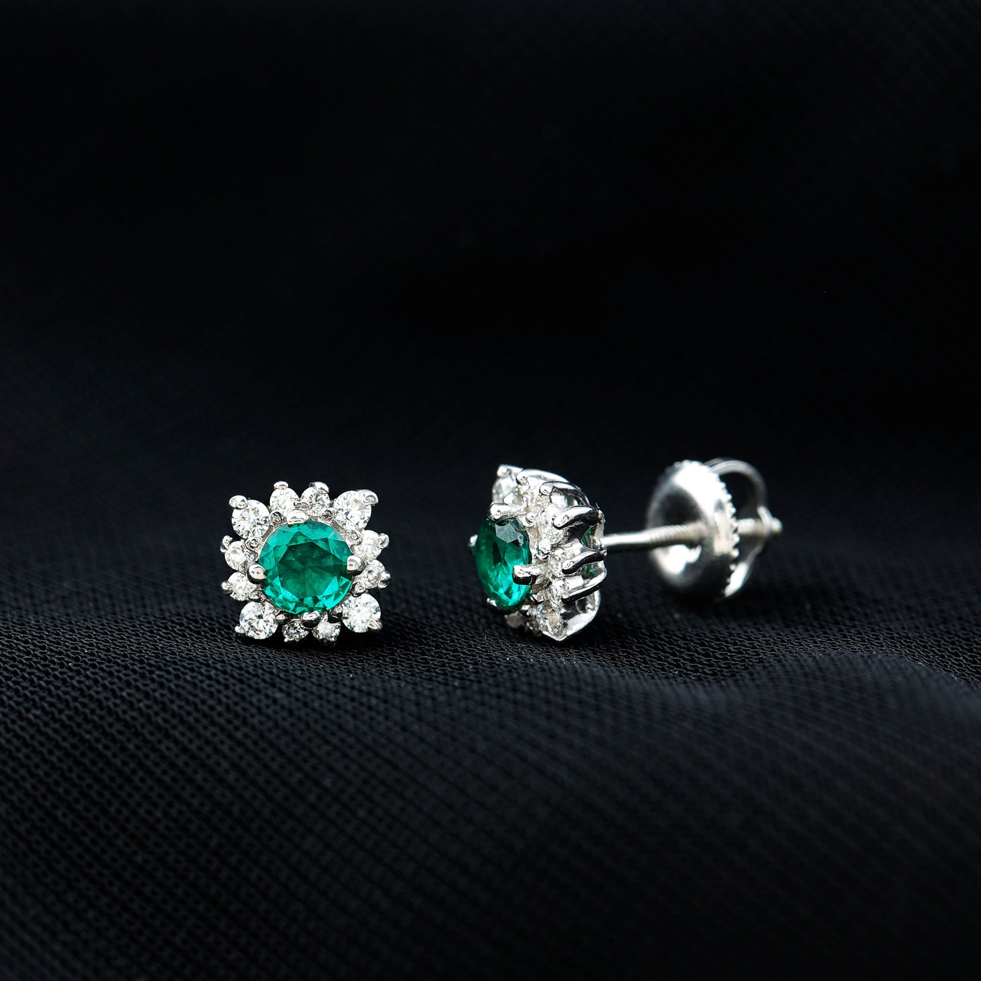 Lab Created Emerald and Moissanite Halo Stud Earrings with Screw Backs