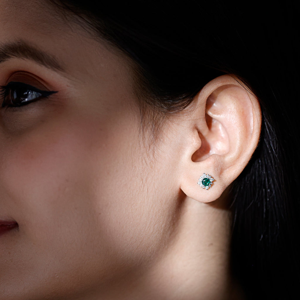 Lab Created Emerald and Moissanite Halo Stud Earrings with Screw Backs