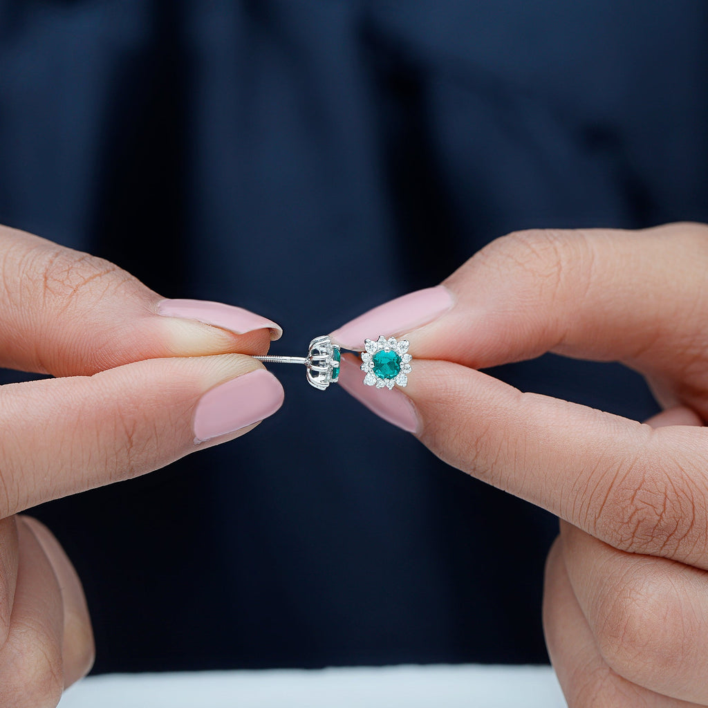 Lab Created Emerald and Moissanite Halo Stud Earrings with Screw Backs