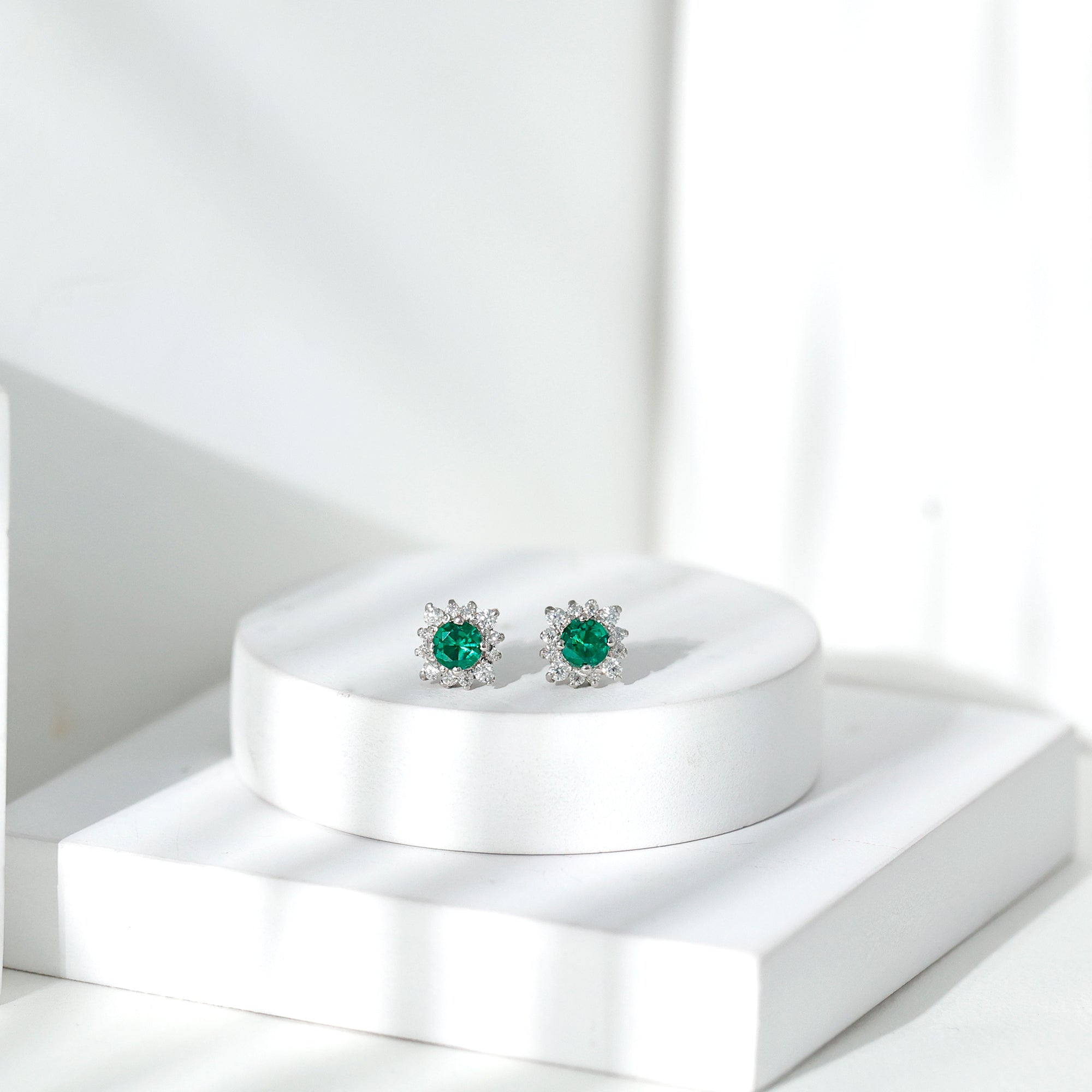 Lab Created Emerald and Moissanite Halo Stud Earrings with Screw Backs