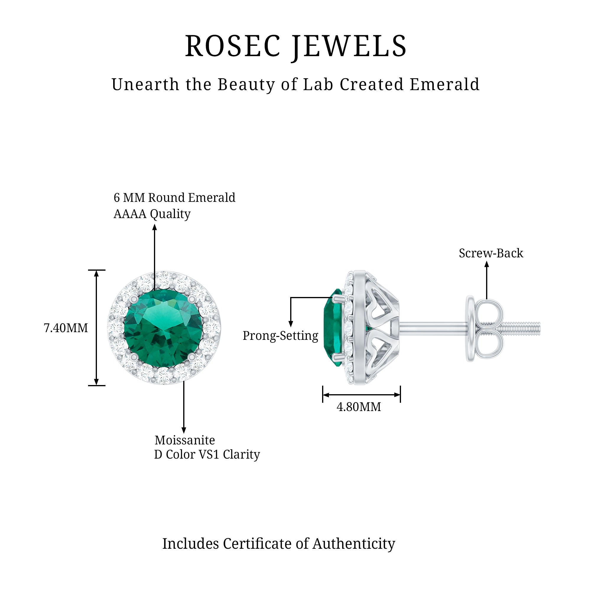 Lab Created 6MM Emerald and Moissanite Halo Stud Earrings