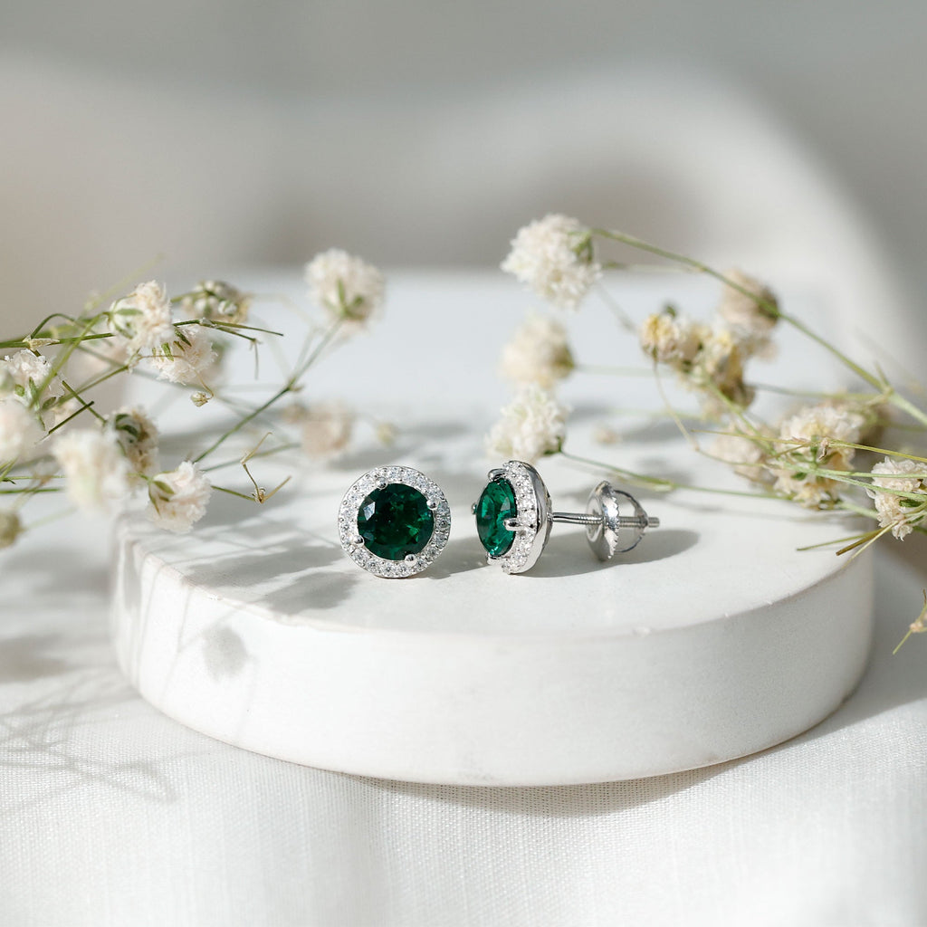 Lab Created 6MM Emerald and Moissanite Halo Stud Earrings